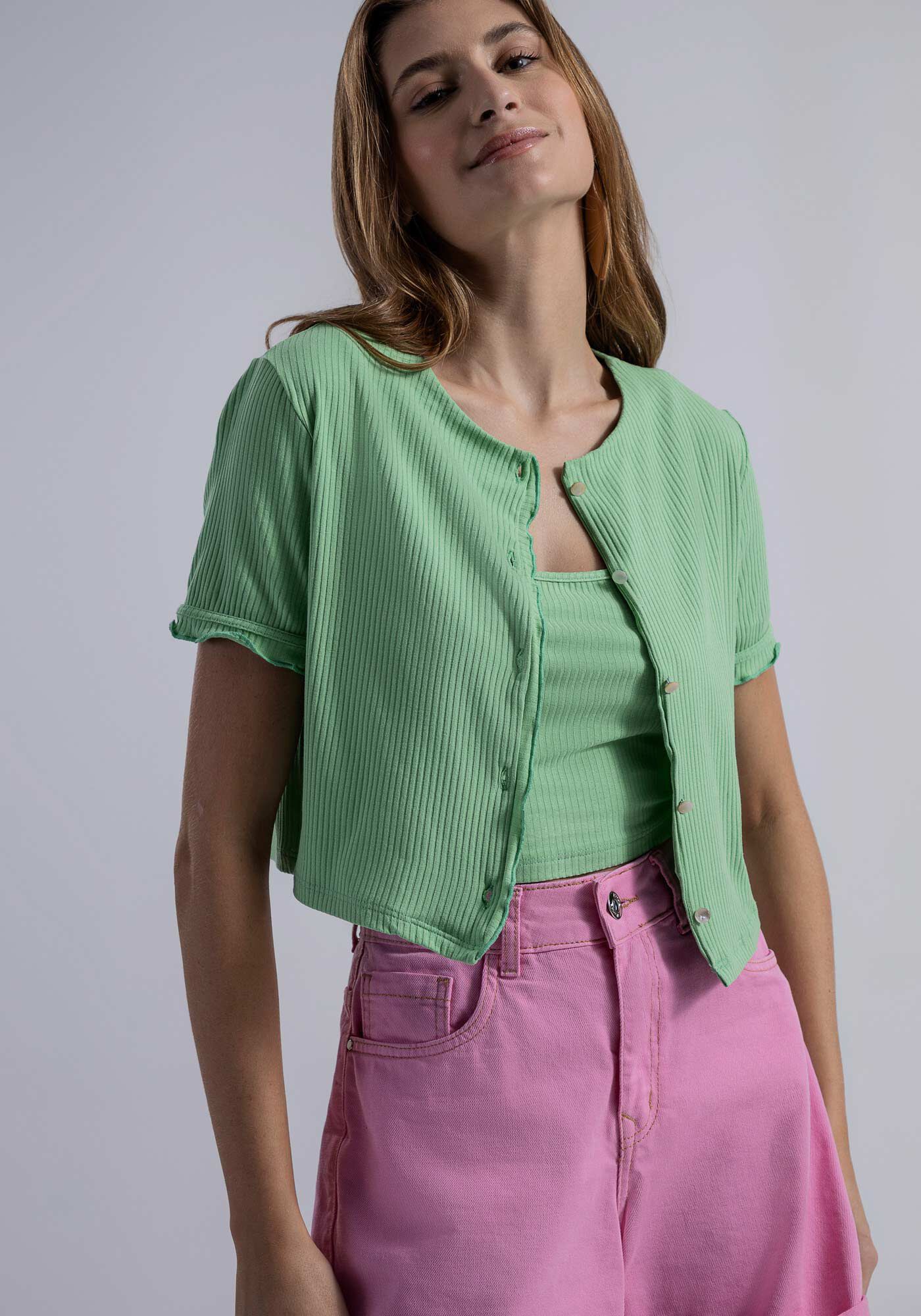 Cardigan Manga Curta Canelado com Top Cropped, VERDE PORTULACA, large.