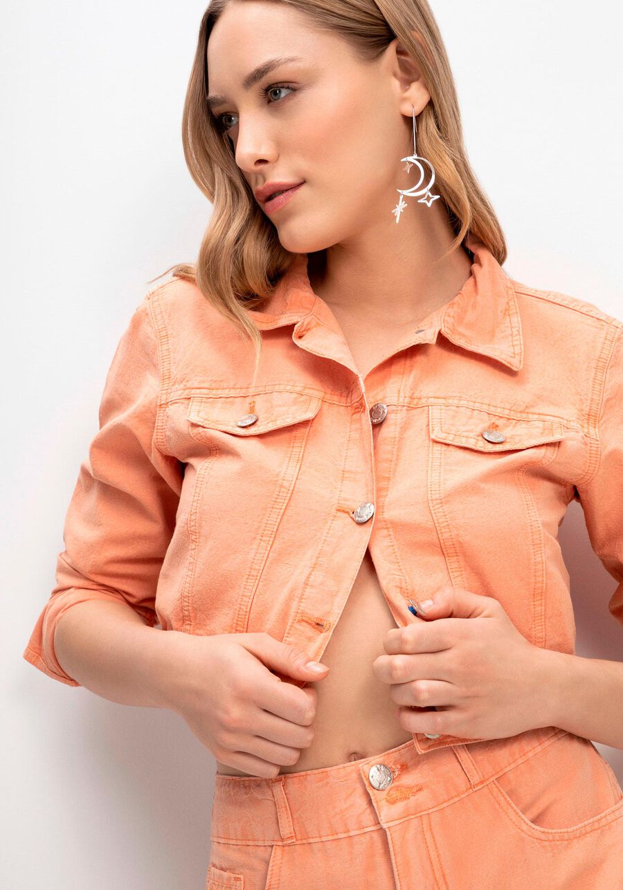 Jaqueta Sarja Cropped Sustentável, LARANJA ARENA. Jaqueta Sarja Cropped Sustentável, LARANJA ARENA, large.