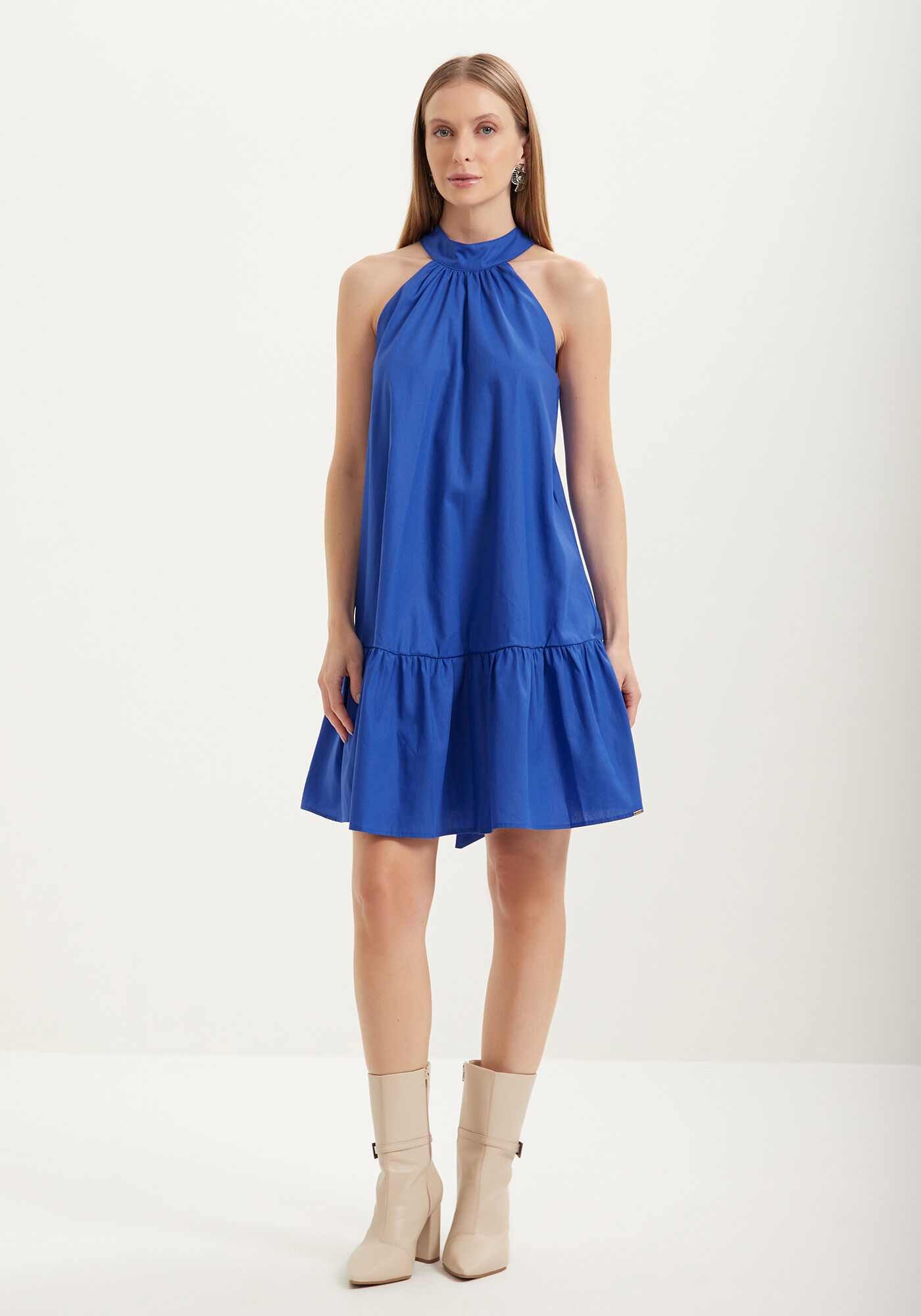 Vestido Curto Com Gola Alta E Amarra&ccedil;&atilde;o Em Tafet&aacute;, , large.