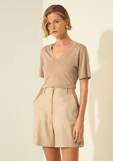 Shorts De Cintura Alta Em Tecido Com Brilho E Linho, BEGE FAIRWAY. Shorts De Cintura Alta Em Tecido Com Brilho E Linho, BEGE FAIRWAY, large.