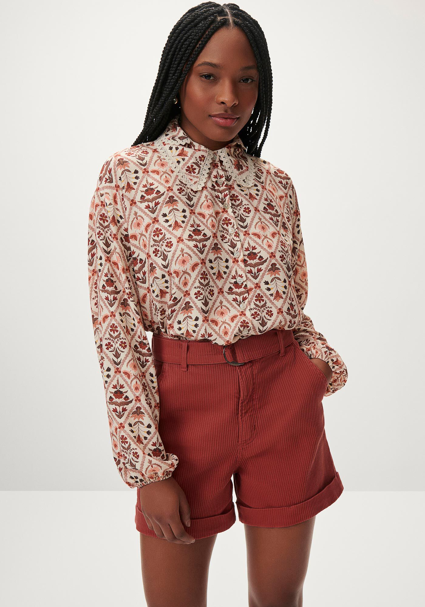 Camisa Manga Longa Estampada com Renda Gola, , large.