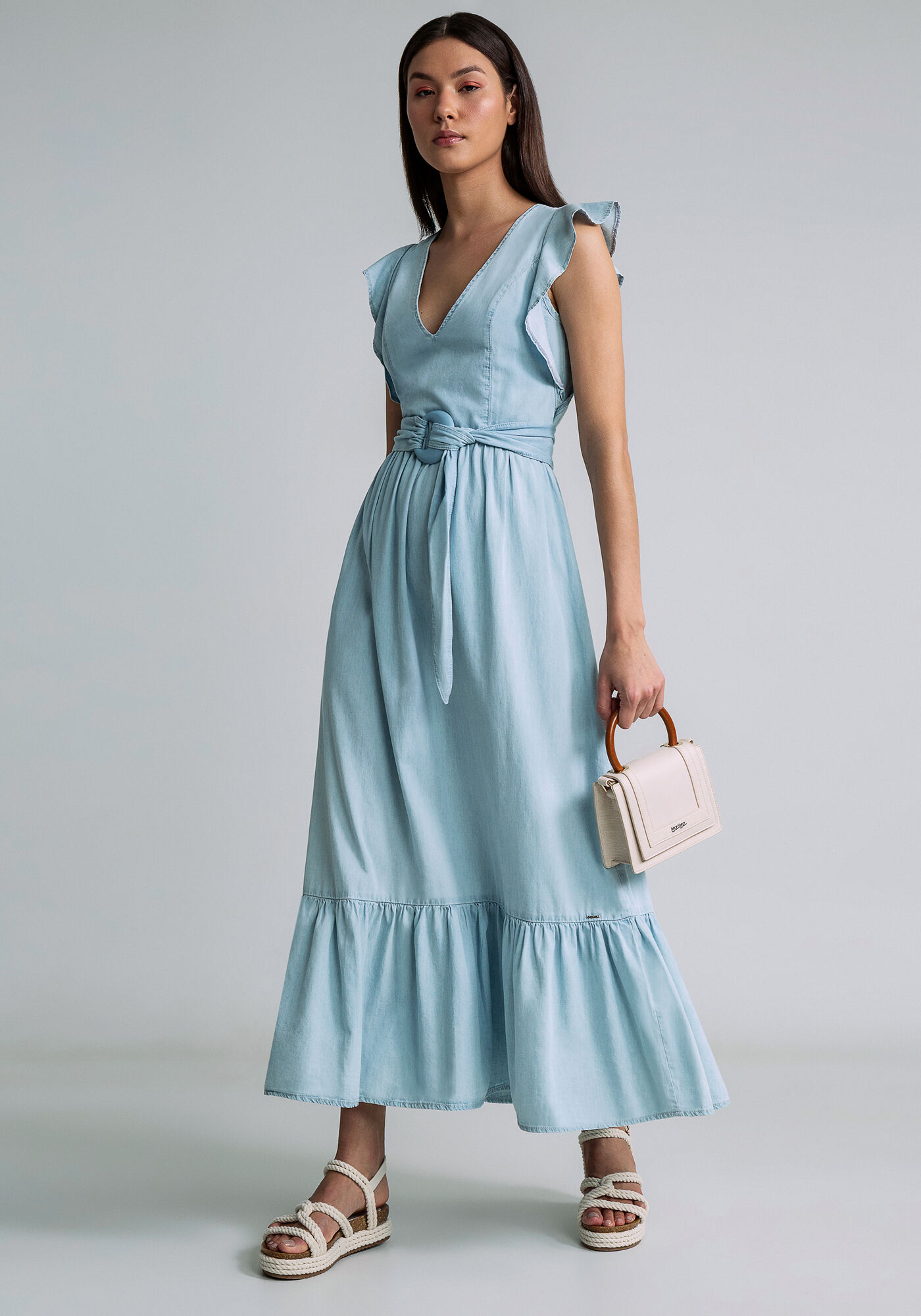 Vestido Midi Babados Cinto, JEANS, large.