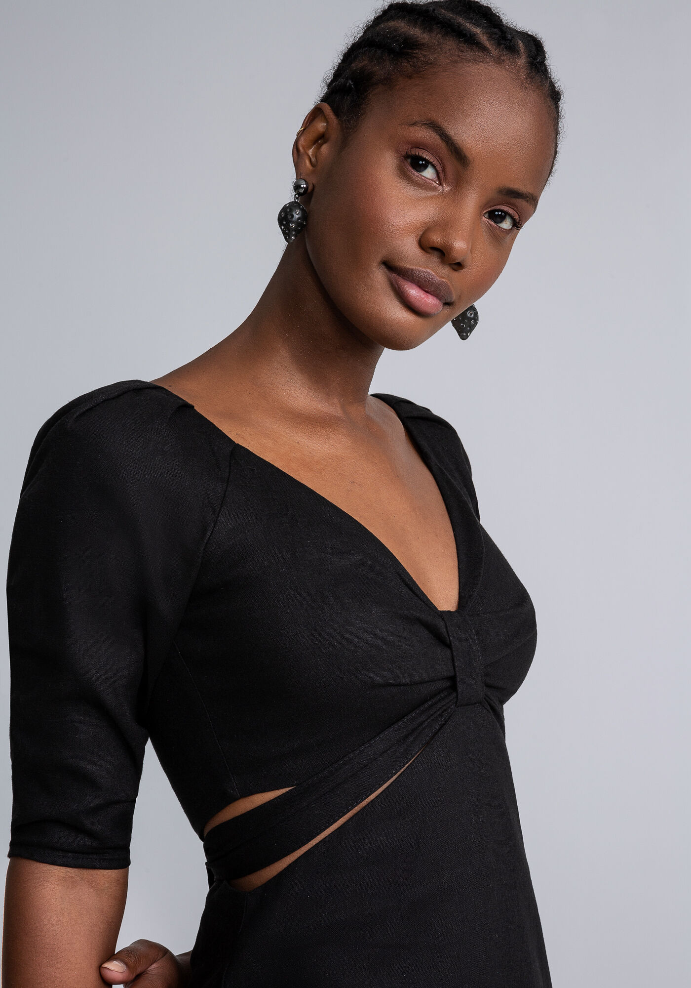 Vestido Mini Recorte Cintura Linho, PRETO REATIVO, large.