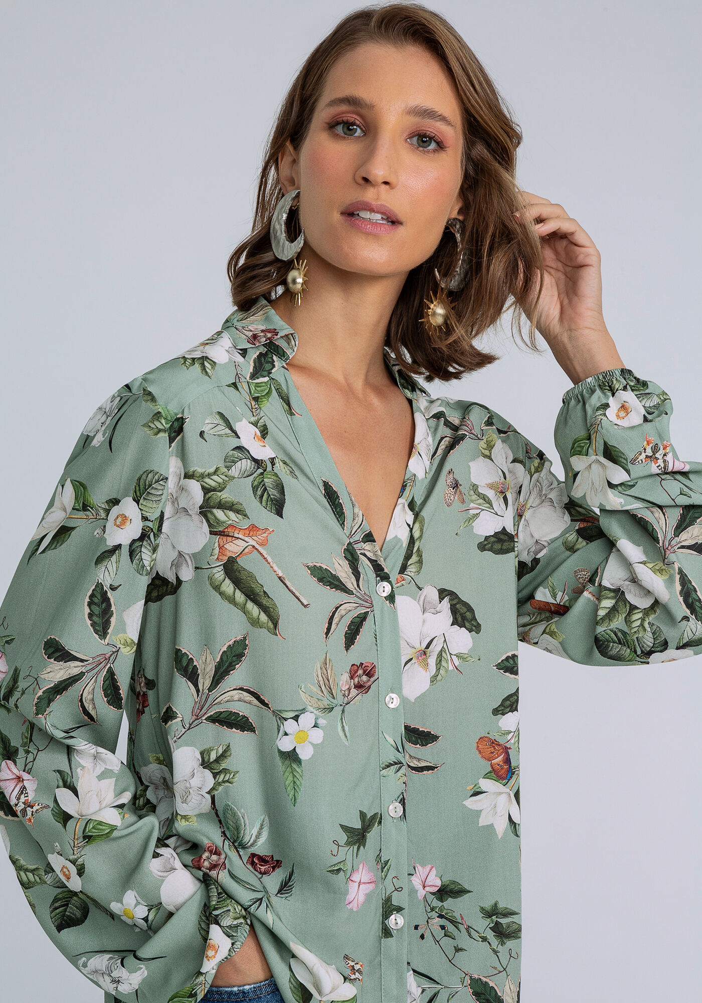 Camisa Manga Longa Bufante Estampada, FLORAL, large.