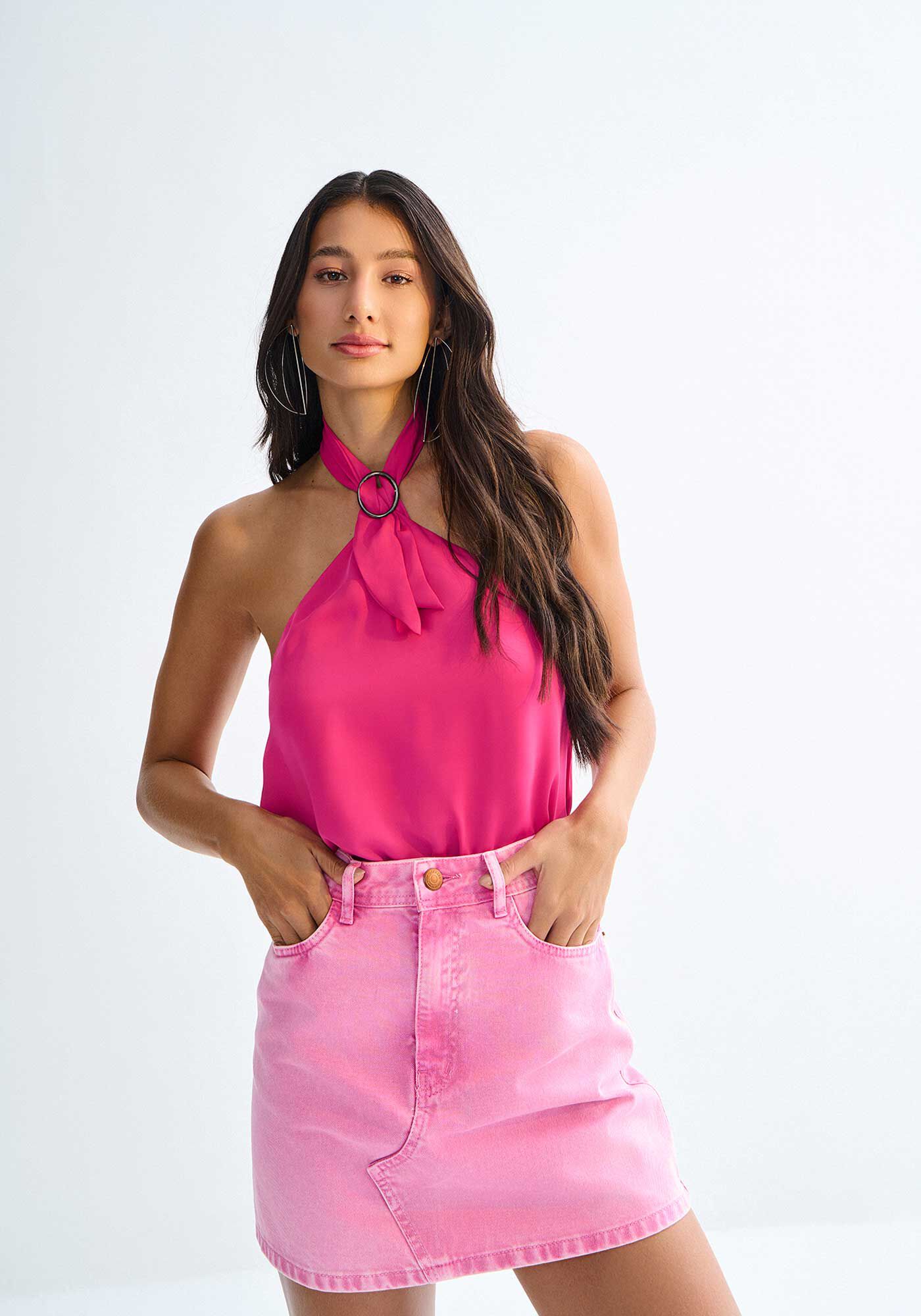 Saia Curta Sarja Cintura Alta com Bolsos, ROSA DELIGHT, large.