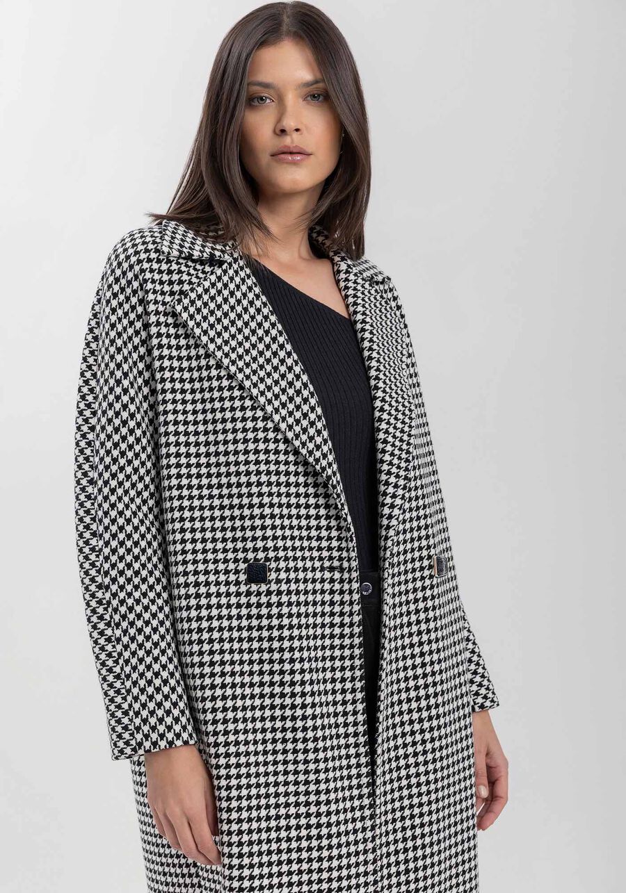 Sobretudo Pied De Poule Com Lapelas Duplas E Botões, PRETO/BRANCO. Sobretudo Pied De Poule Com Lapelas Duplas E Botões, PRETO/BRANCO, large.