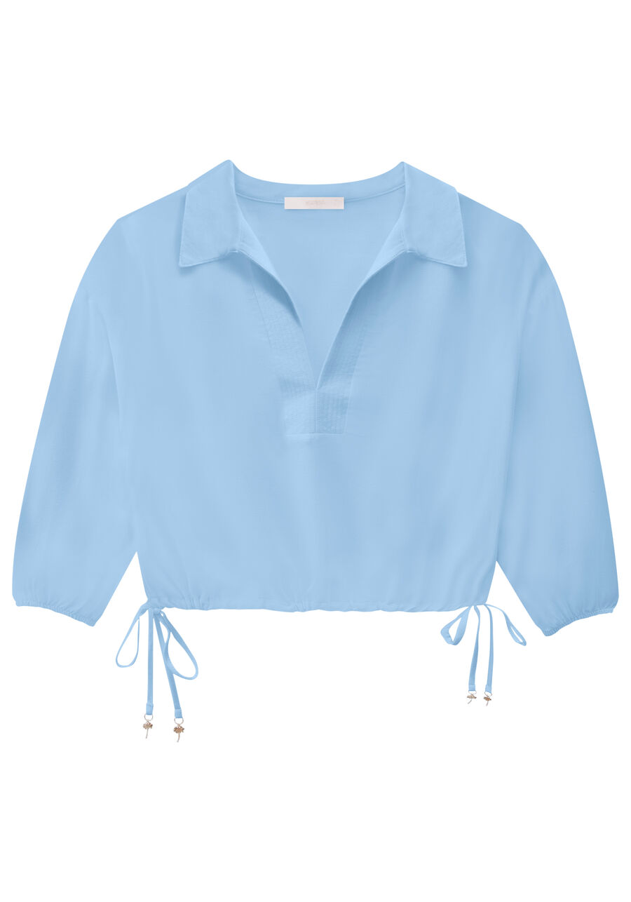 Blusa Manga 3/4 em Crepe com Amarração Barra, AZUL BRIGHT. Blusa Manga 3/4 em Crepe com Amarração Barra, AZUL BRIGHT, large.