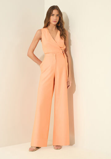 Calça Reta De Cintura Alta Em Alfaiataria De Algodão, LARANJA SUMMERTIME. Calça Reta De Cintura Alta Em Alfaiataria De Algodão, LARANJA SUMMERTIME, large.