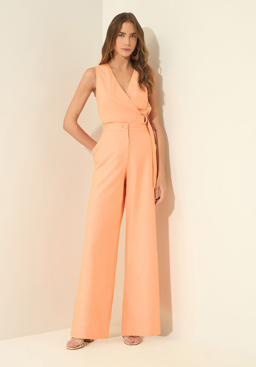 Calça Reta De Cintura Alta Em Alfaiataria De Algodão, LARANJA SUMMERTIME. Calça Reta De Cintura Alta Em Alfaiataria De Algodão, LARANJA SUMMERTIME, large.