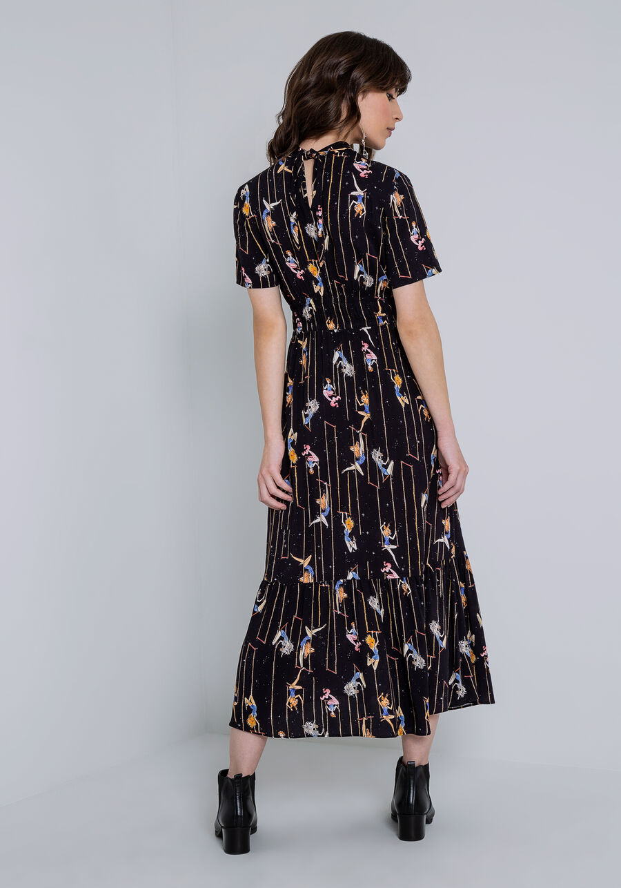 Vestido Midi Estampado em Viscose com Gola Laço, . Vestido Midi Estampado em Viscose com Gola Laço, , large.