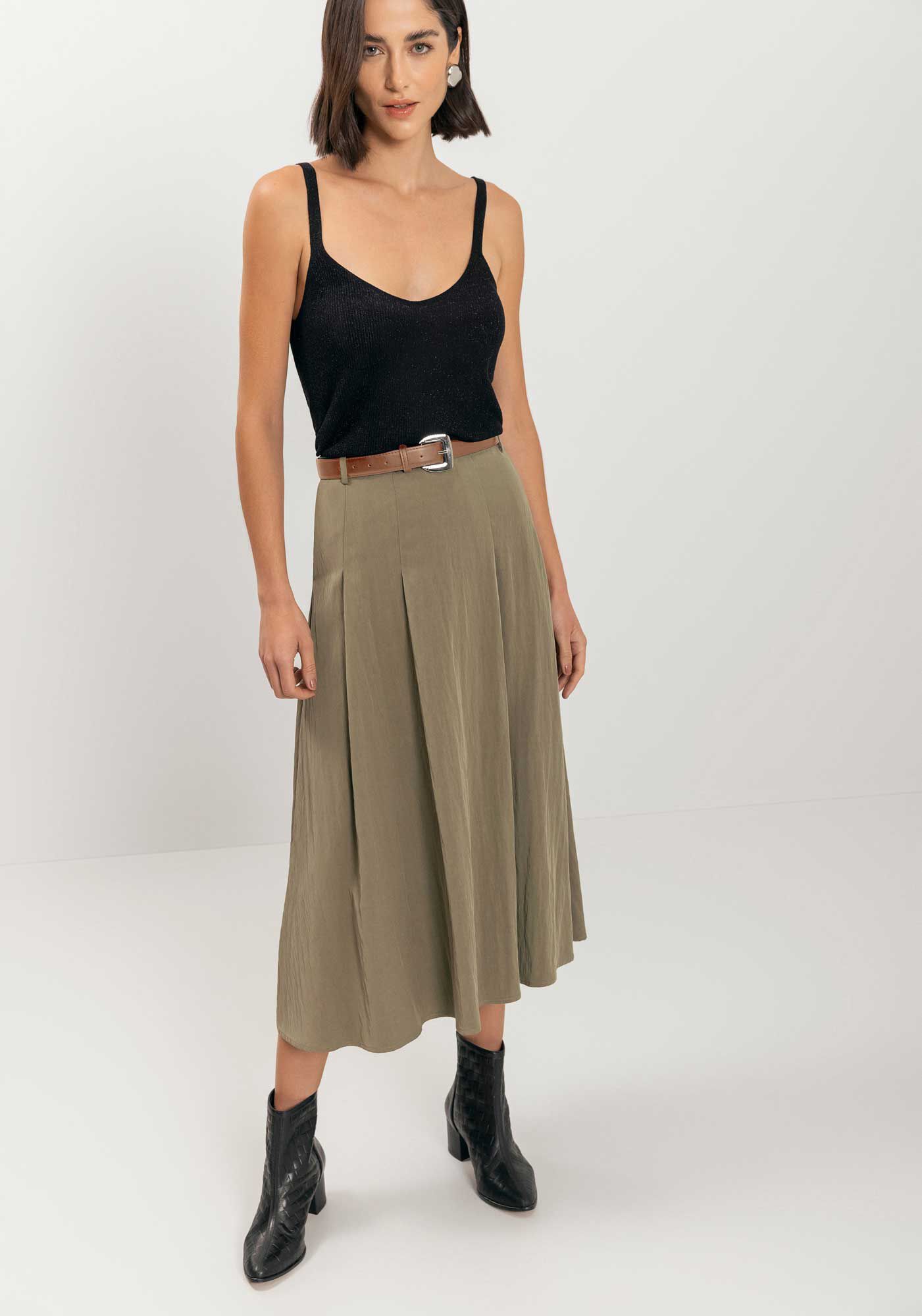 Saia Ch&aacute; De Cintura Alta Com Cinto E Bolsos, , large.