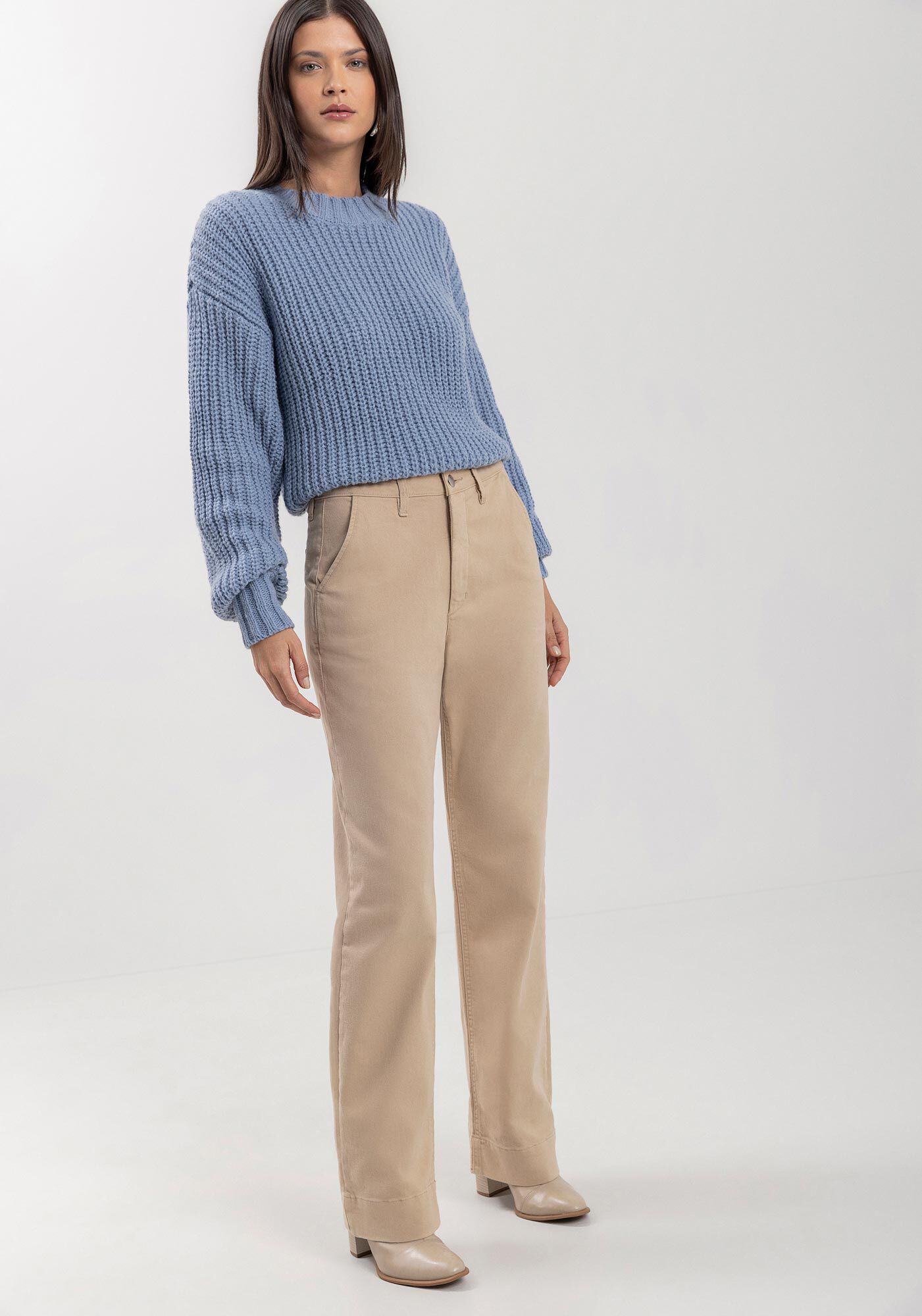 Cal&ccedil;a Reta Com Cintura Alta Em Sarja Com Elastano, , large.