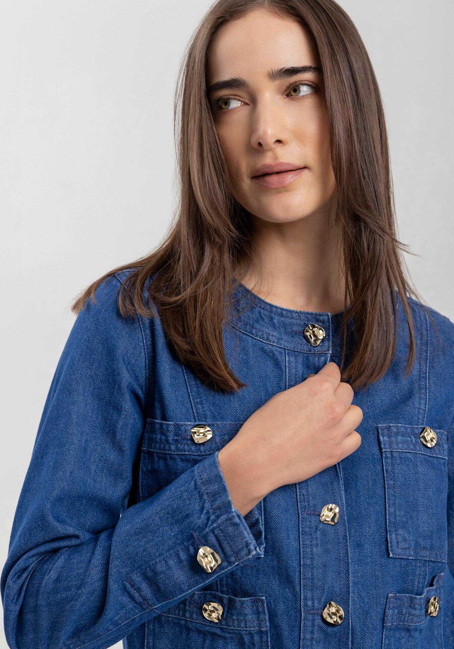 Jaqueta Jeans Sem Gola Com Bolsos E Botões Frontais, . Jaqueta Jeans Sem Gola Com Bolsos E Botões Frontais, , large.