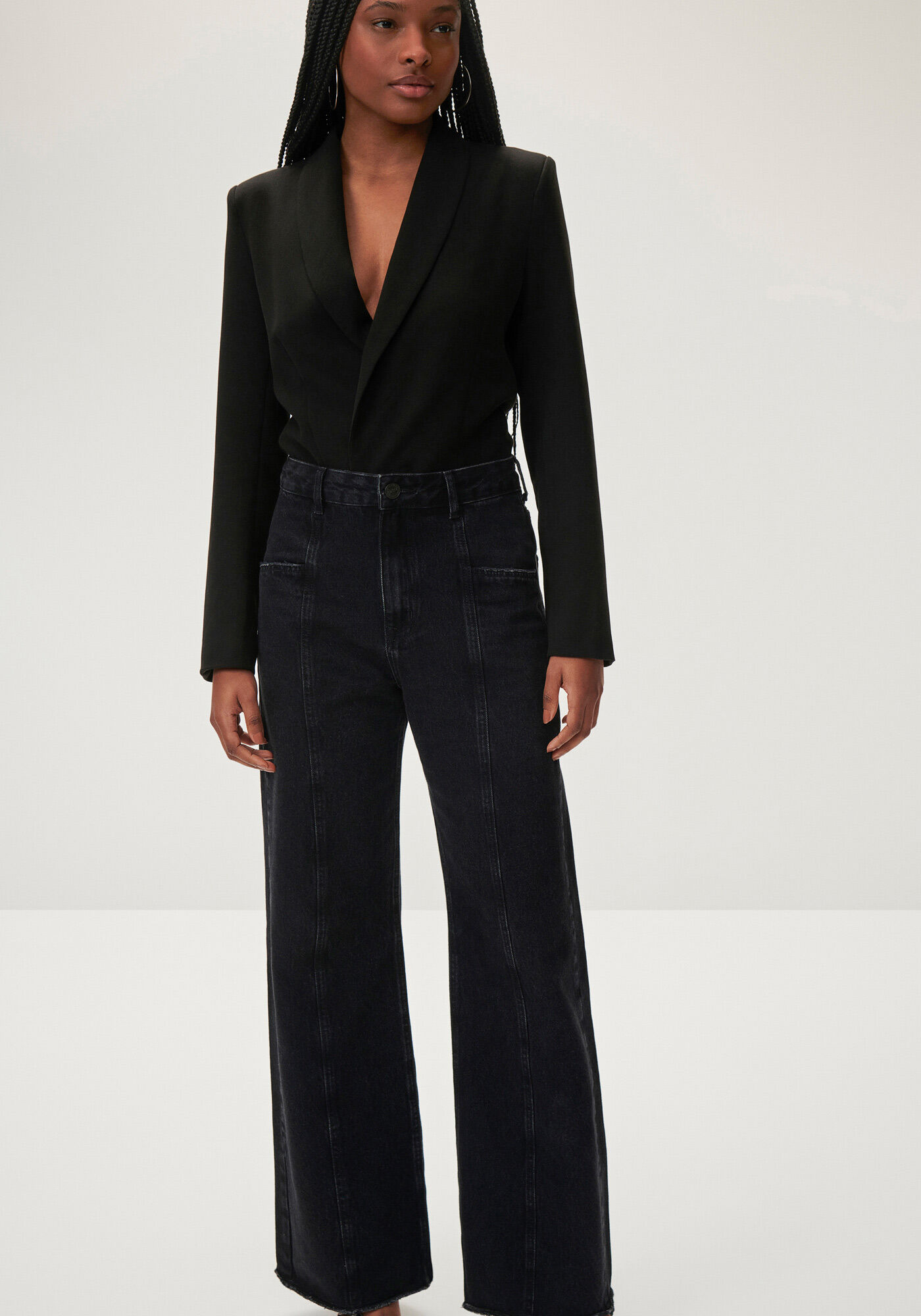 Cal&ccedil;a Jeans Wide Leg Preta com Pespontos, , large.