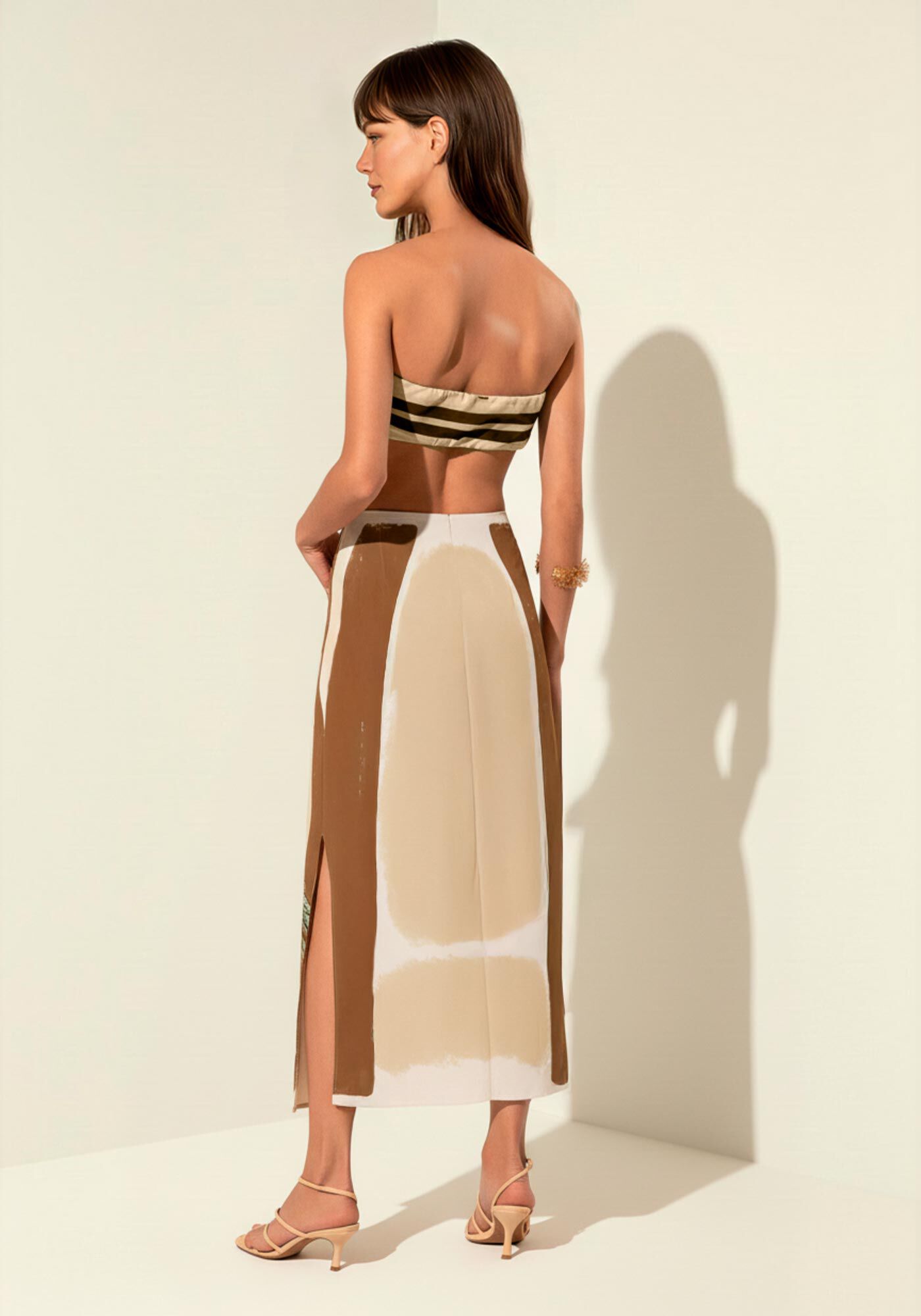 Saia Ch&aacute; Estampada De Cintura Alta Com Z&iacute;per E Fenda, BEGE BISCUIT, large.