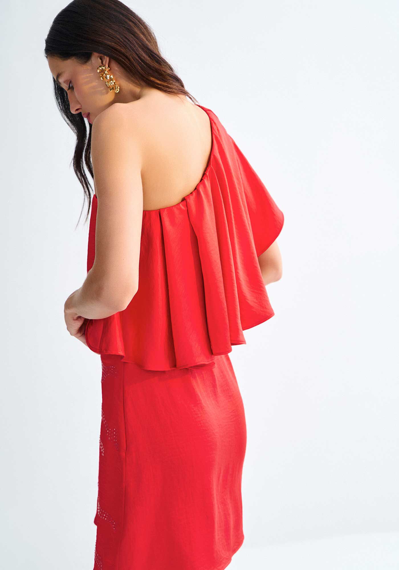 Blusa Cropped Um Ombro S&oacute; com Babado Sobreposto, VERMELHO REDDISH, large.