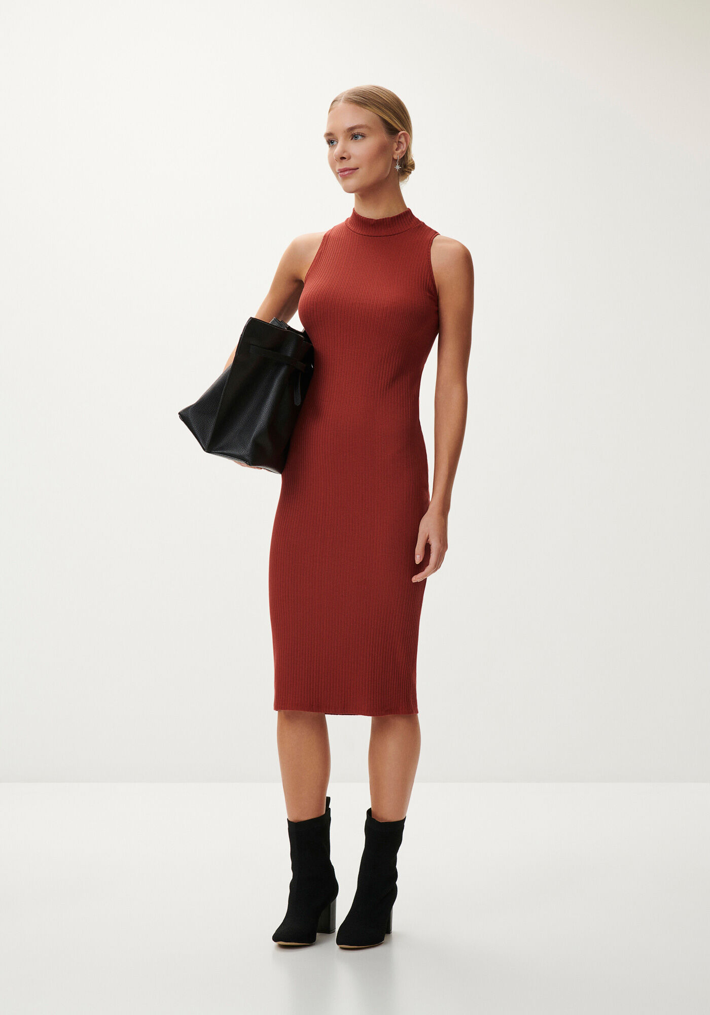 Vestido Midi Canelado com Gola Alta, , large.