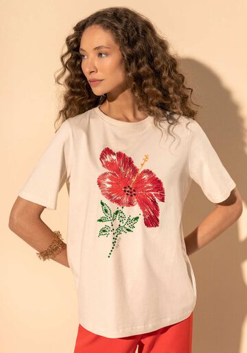 Blusa T-shirt De Mangas Curtas Com Estampa E Aplicações, BEGE ALHAMBRA. Blusa T-shirt De Mangas Curtas Com Estampa E Aplicações, BEGE ALHAMBRA, large.