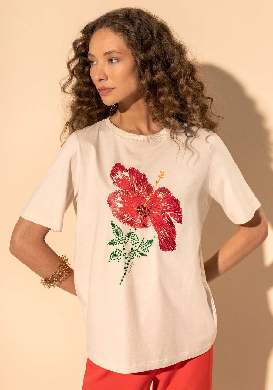 Blusa T-shirt De Mangas Curtas Com Estampa E Aplicações, BEGE ALHAMBRA. Blusa T-shirt De Mangas Curtas Com Estampa E Aplicações, BEGE ALHAMBRA, large.