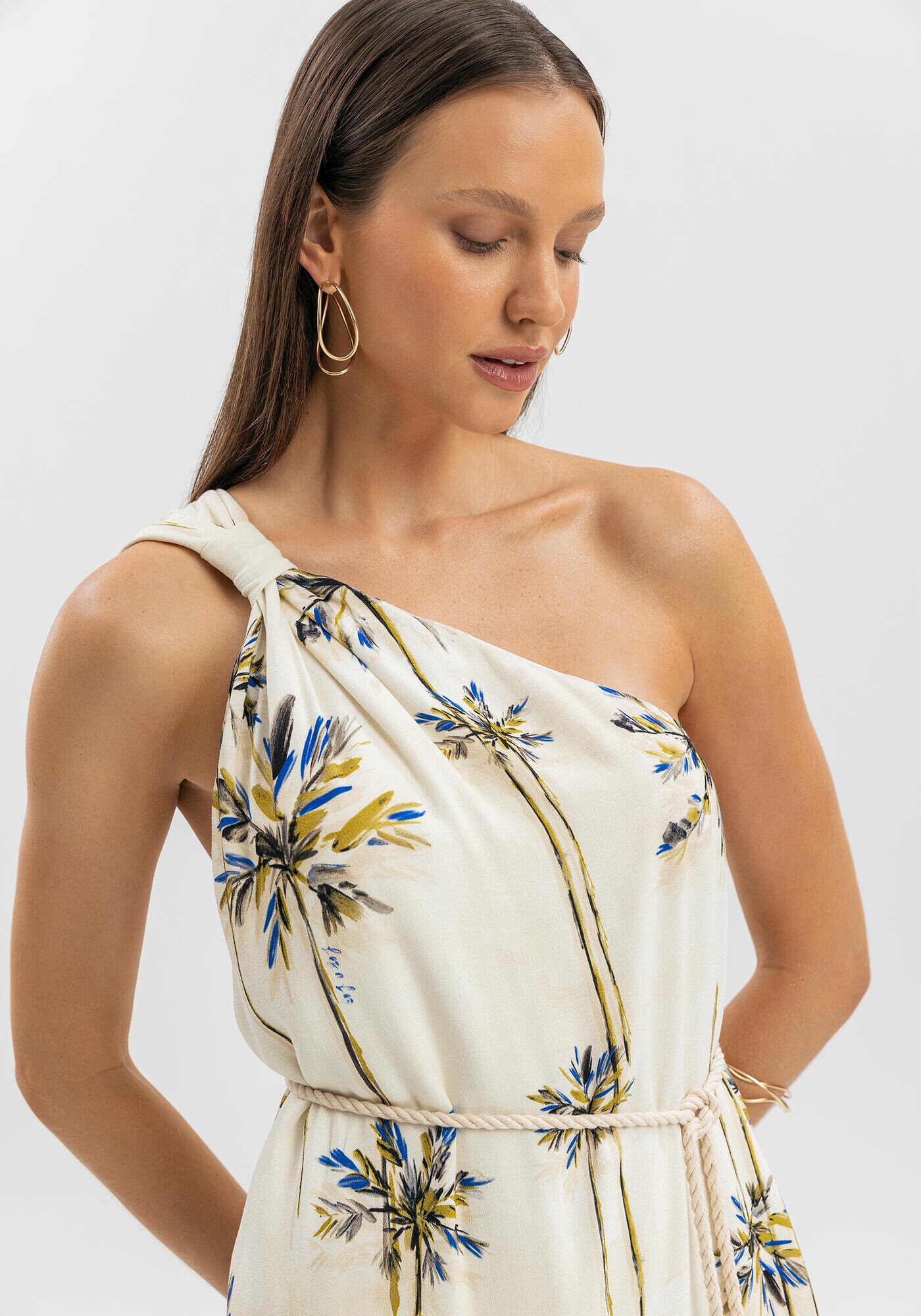 Vestido Curto De Um Ombro S&oacute; Estampado Com Cinto, , large.