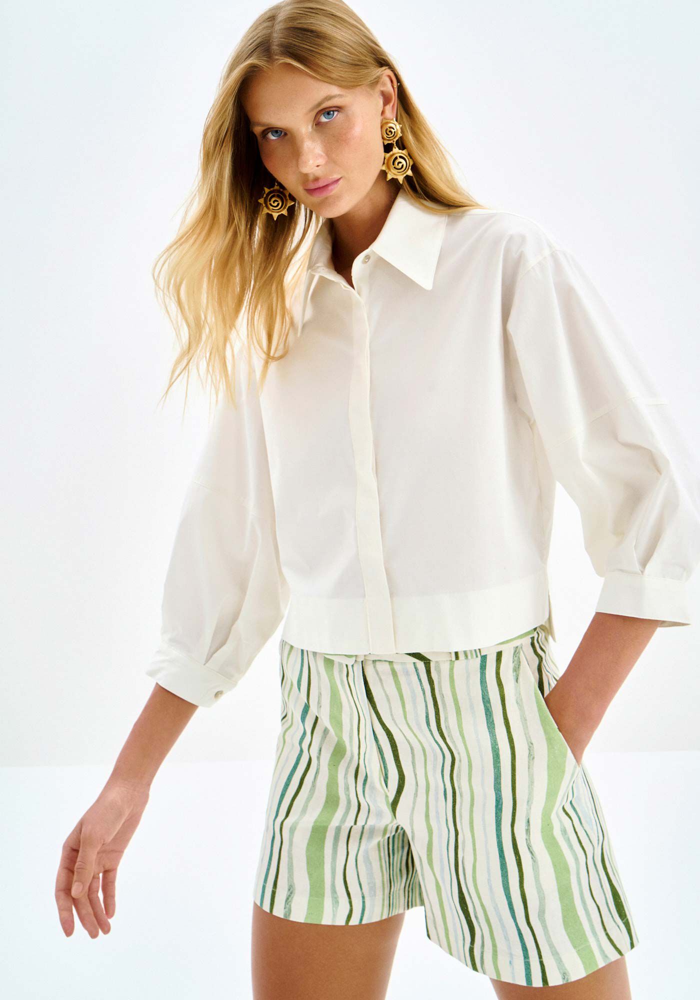 Camisa Curta com Manga 3/4 Bufante, , large.