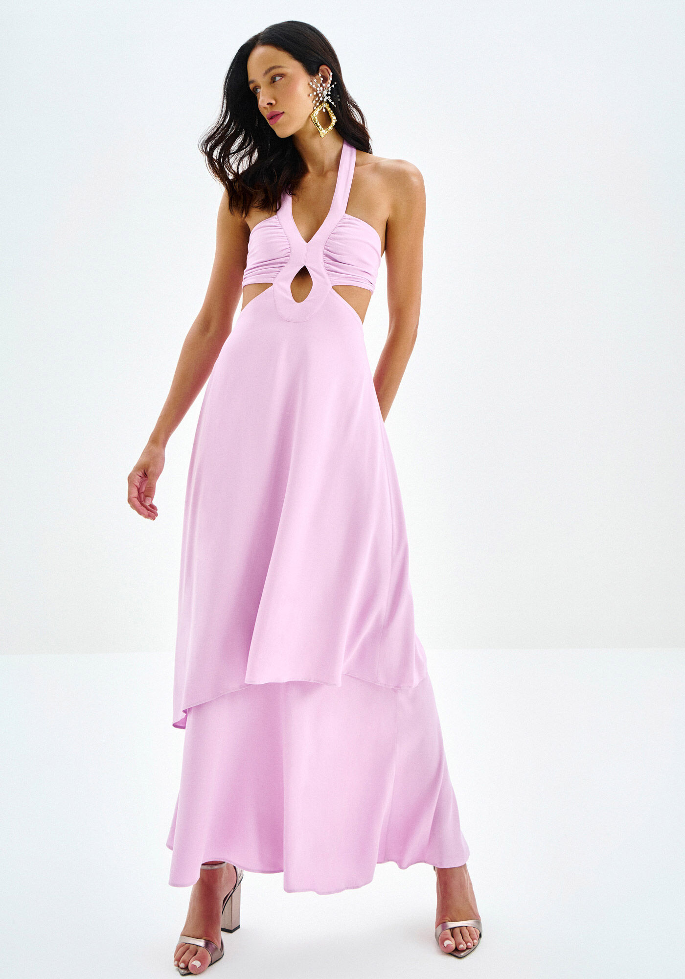 Vestido Longo Frente &Uacute;nica com Franzido e Cut, , large.