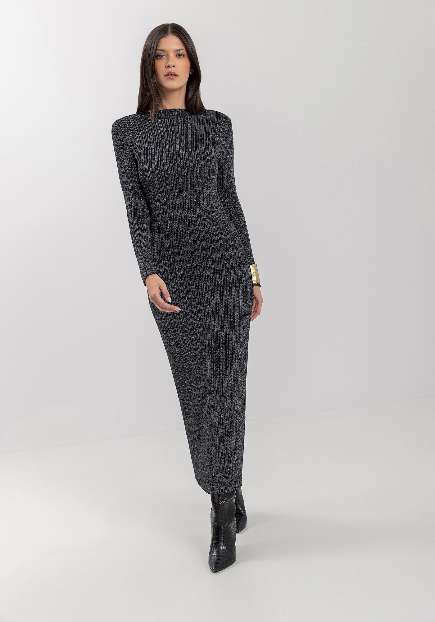 Vestido Midi Ch&aacute; Em Tric&ocirc; Com Mangas Longas E Fios De Lurex, , large.