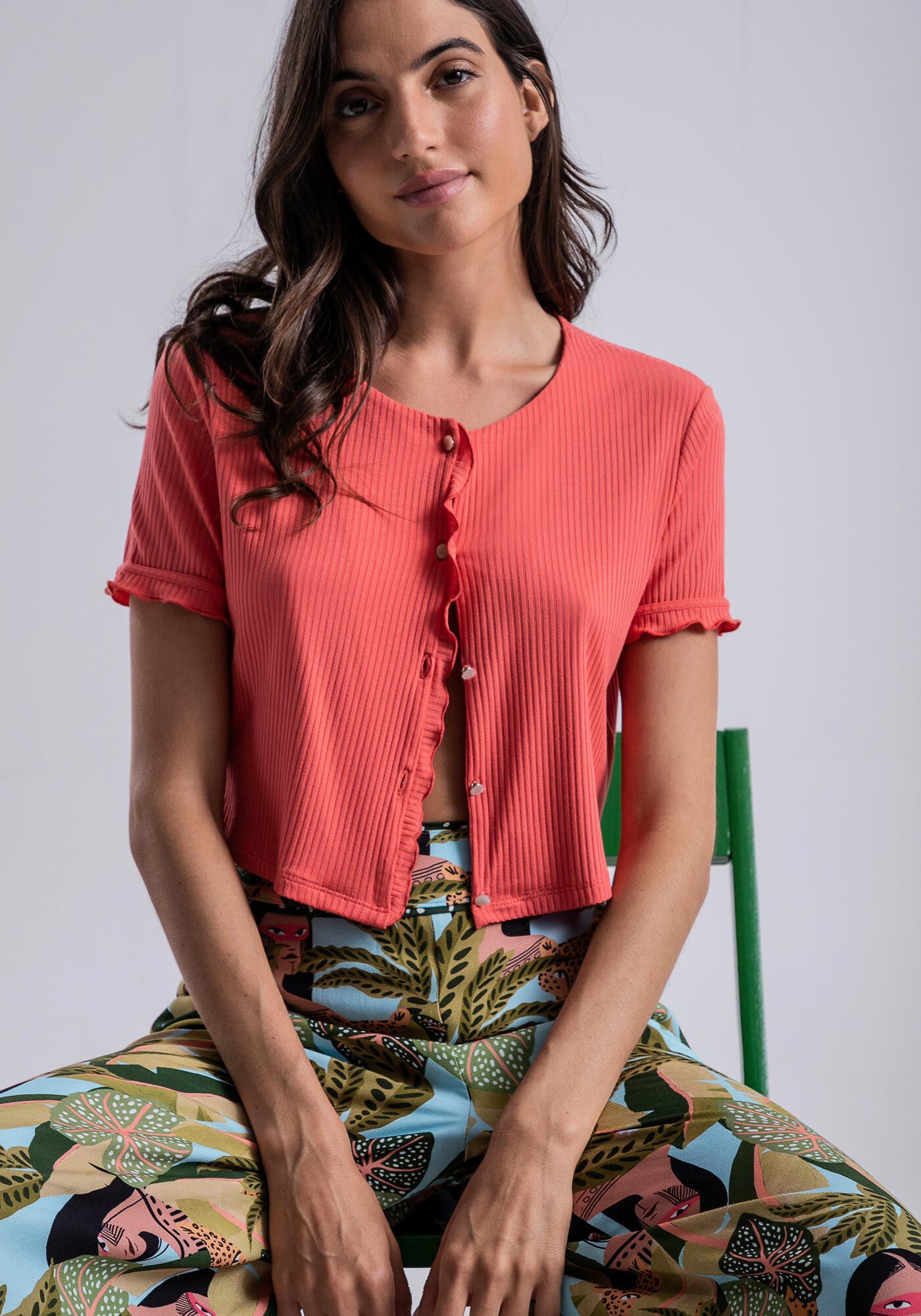 Cardigan Manga Curta Canelado com Top Cropped, , large.