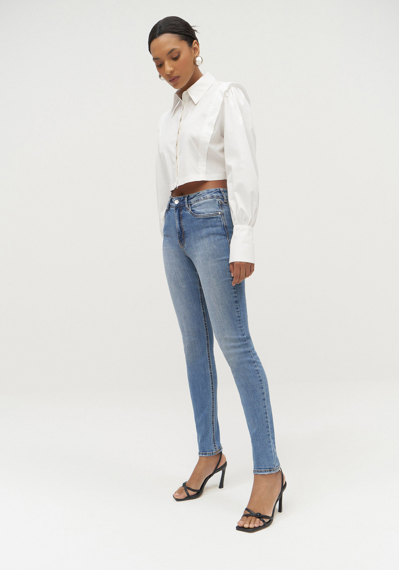 Cal&ccedil;a Jeans Skinny Estonada com Cintura Alta, JEANS, large.