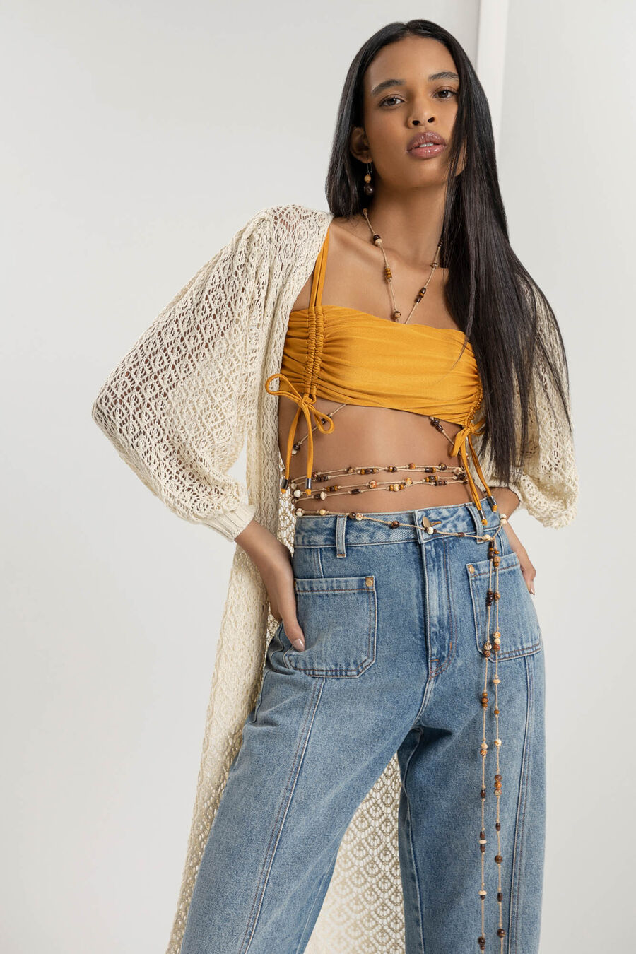 Cardigan Longo em Tricô com Manga Bufante, BEGE VALSA. Cardigan Longo em Tricô com Manga Bufante, BEGE VALSA, large.