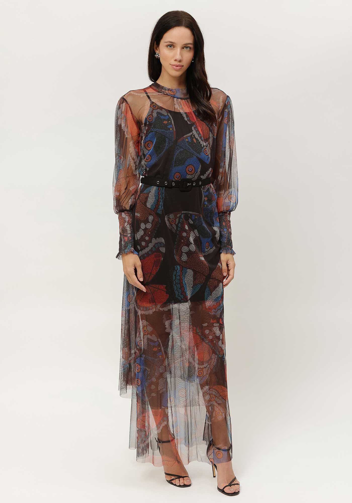 Vestido Longo em Tule Estampado com Cinto, , large.