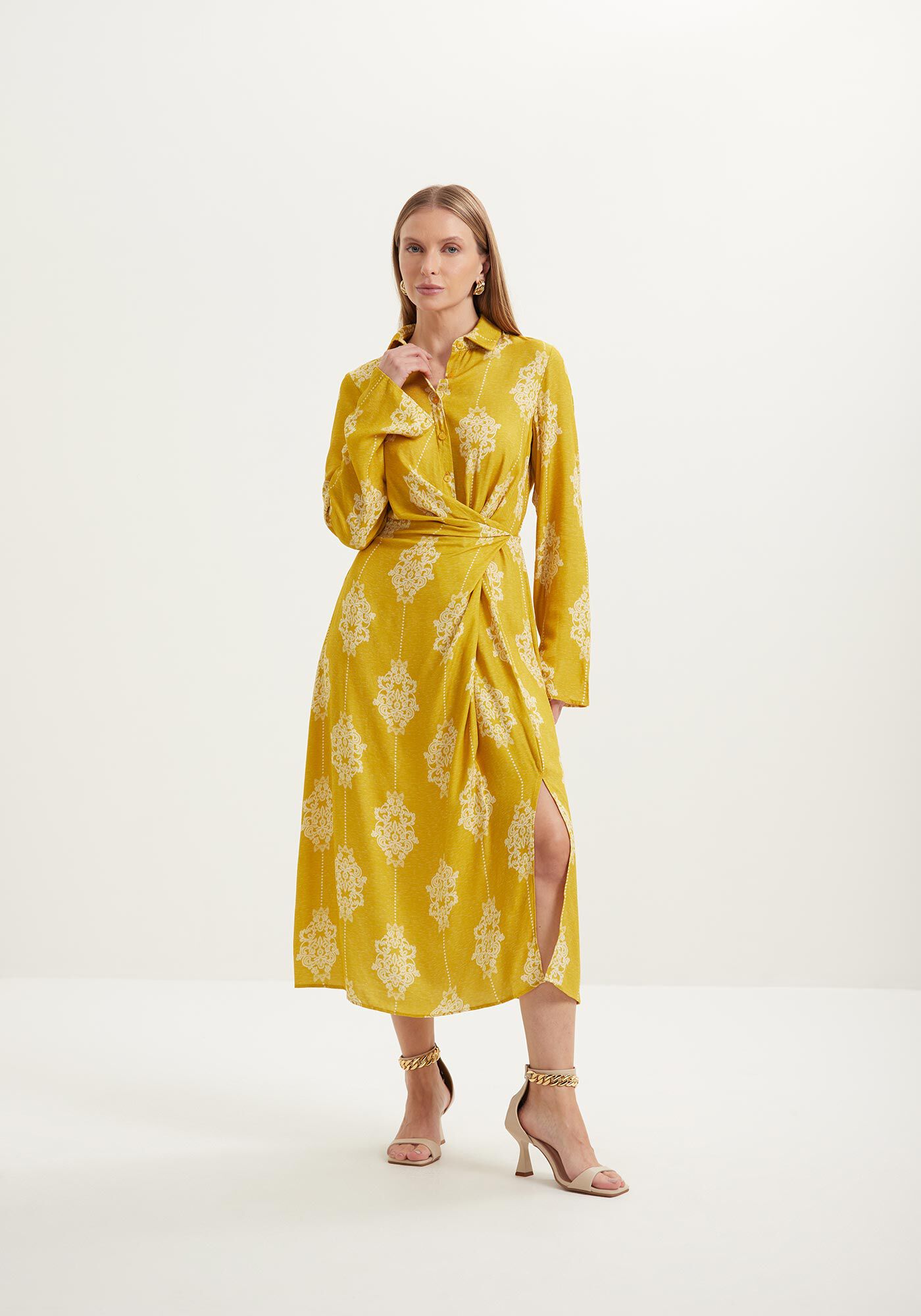 Vestido Midi Estampado Fluido De Mangas Longas Com El&aacute;stico, , large.