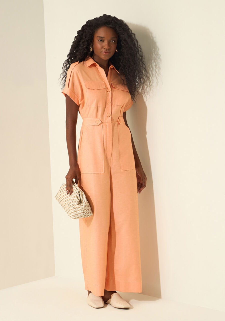 Macacão Longo De Mangas Curtas Com Bolsos, LARANJA SUMMERTIME. Macacão Longo De Mangas Curtas Com Bolsos, LARANJA SUMMERTIME, large.