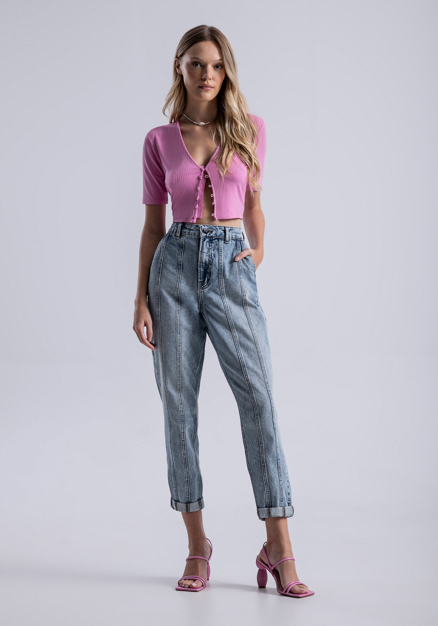 Blusa Cropped Canelada com Bot&otilde;es, , large.