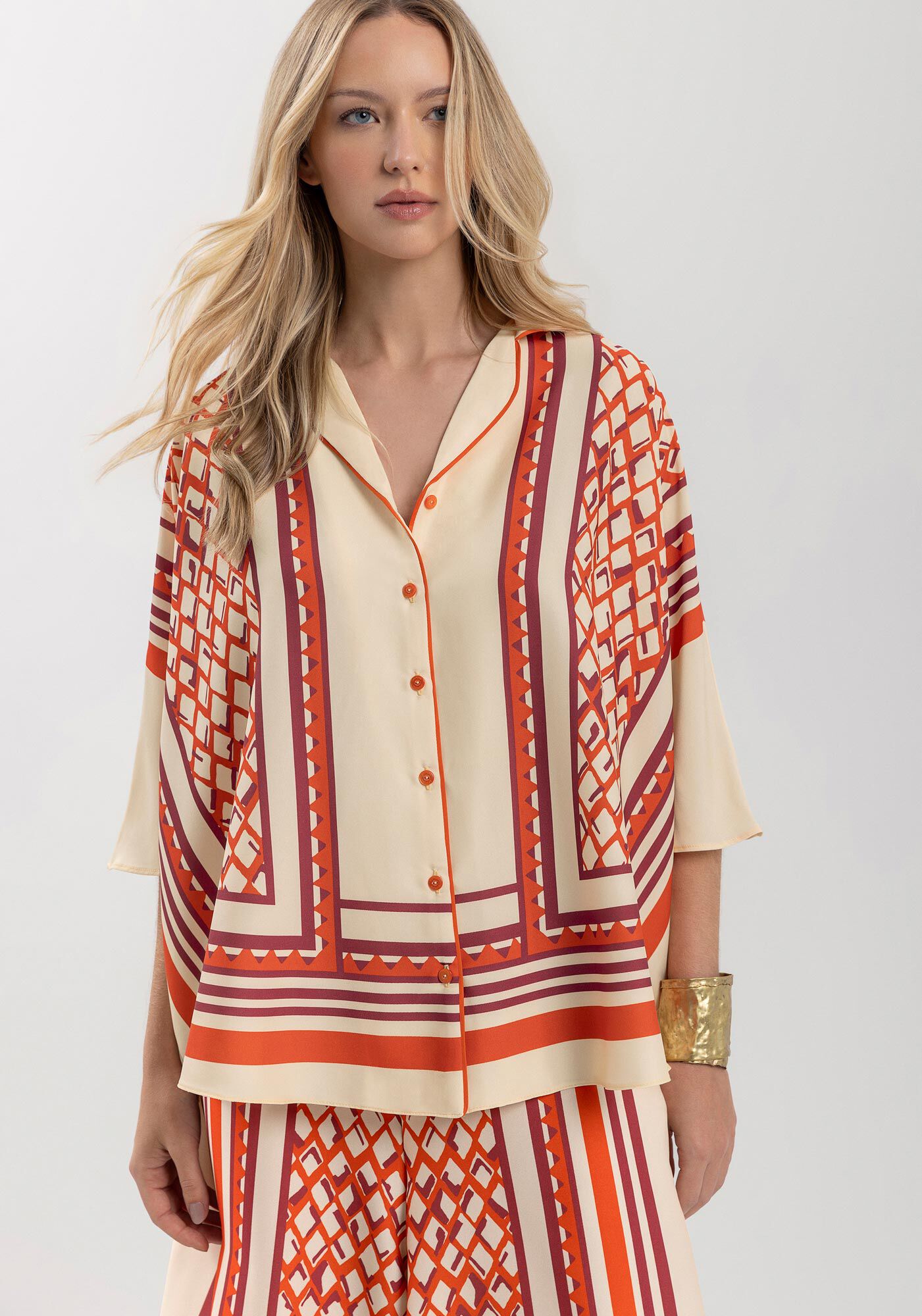 Camisa Estampada Overshirt Com Mangas 3/4, CONTINUOUS LARANJA, large.