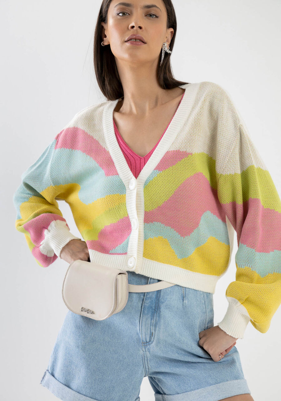 Cardigan em Tricô com Manga Bufante, ROSA FABULOUS. Cardigan em Tricô com Manga Bufante, ROSA FABULOUS, large.