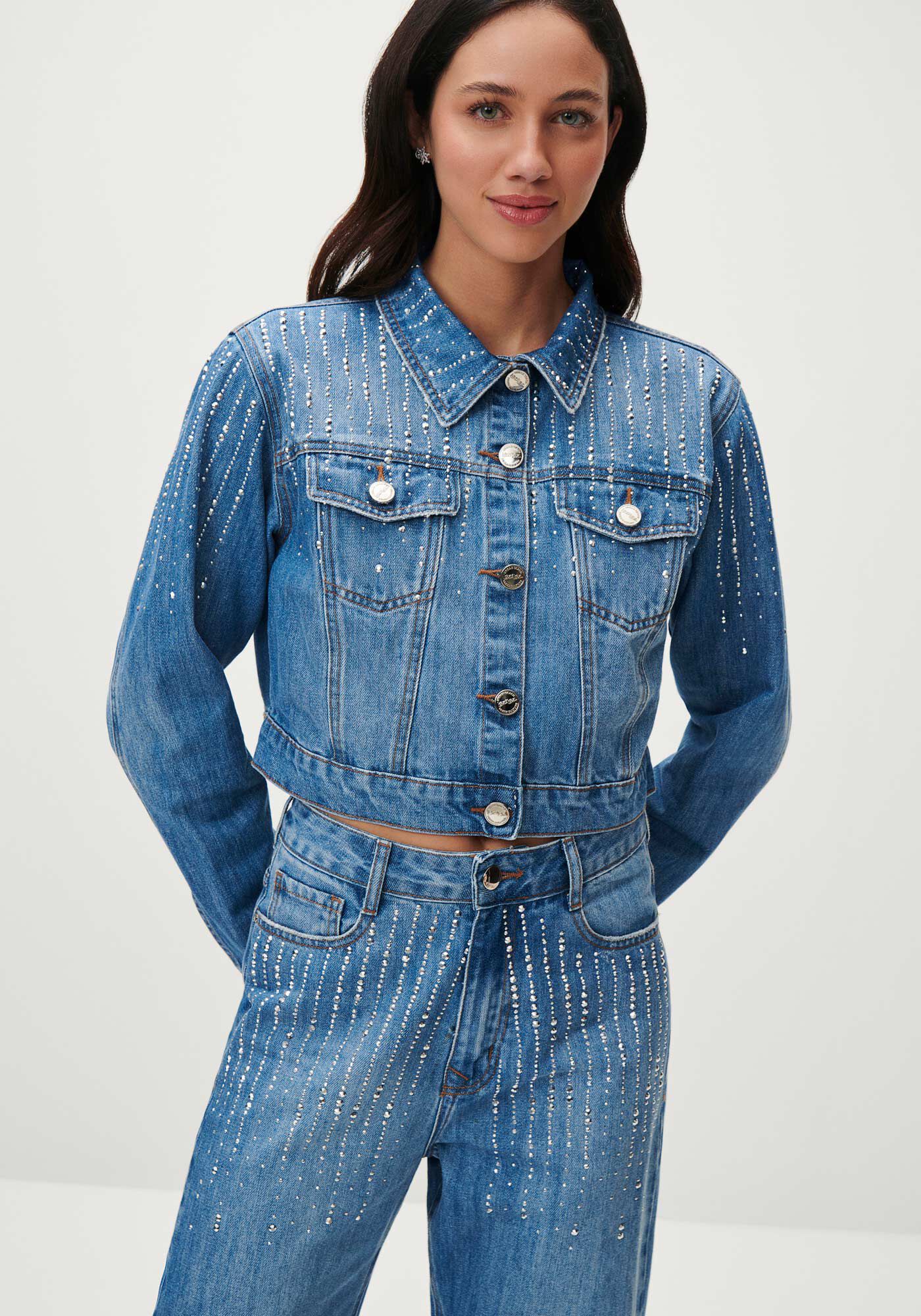 Jaqueta Jeans Cropped com Strass, , large.