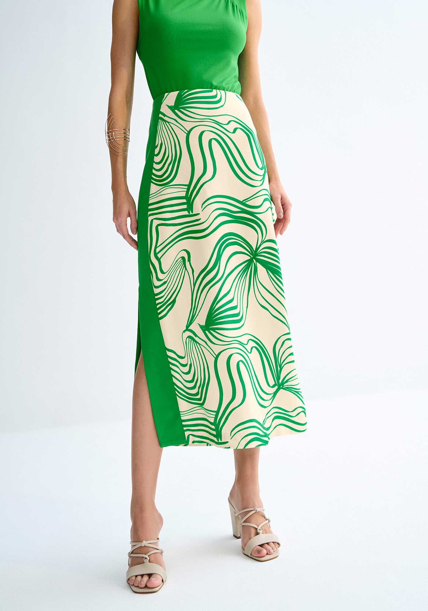 Saia Midi em Crepe Estampada com Recorte Lateral, , large.