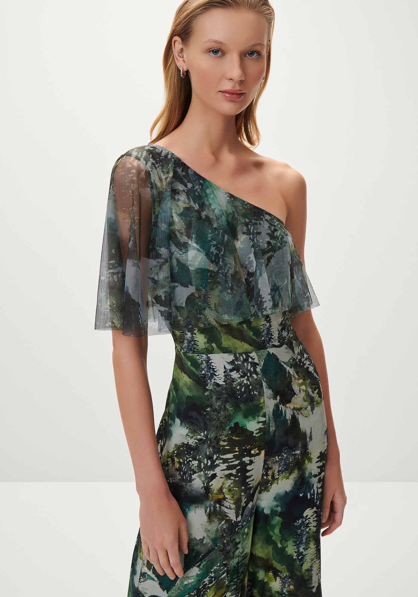 Macac&atilde;o Midi Ombro S&oacute; Estampado com Tule, PINHEIROS, large.