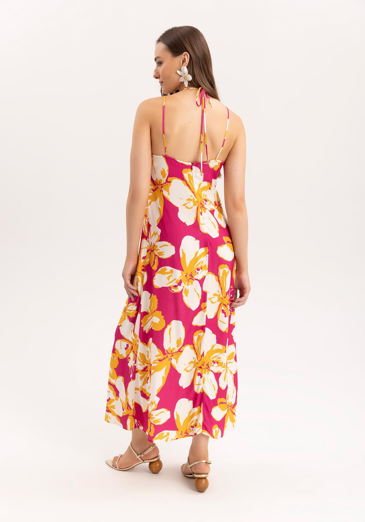 Vestido Midi M&aacute;xi Flores em Viscose com Tiras Decote, WONDER ROSA, large.