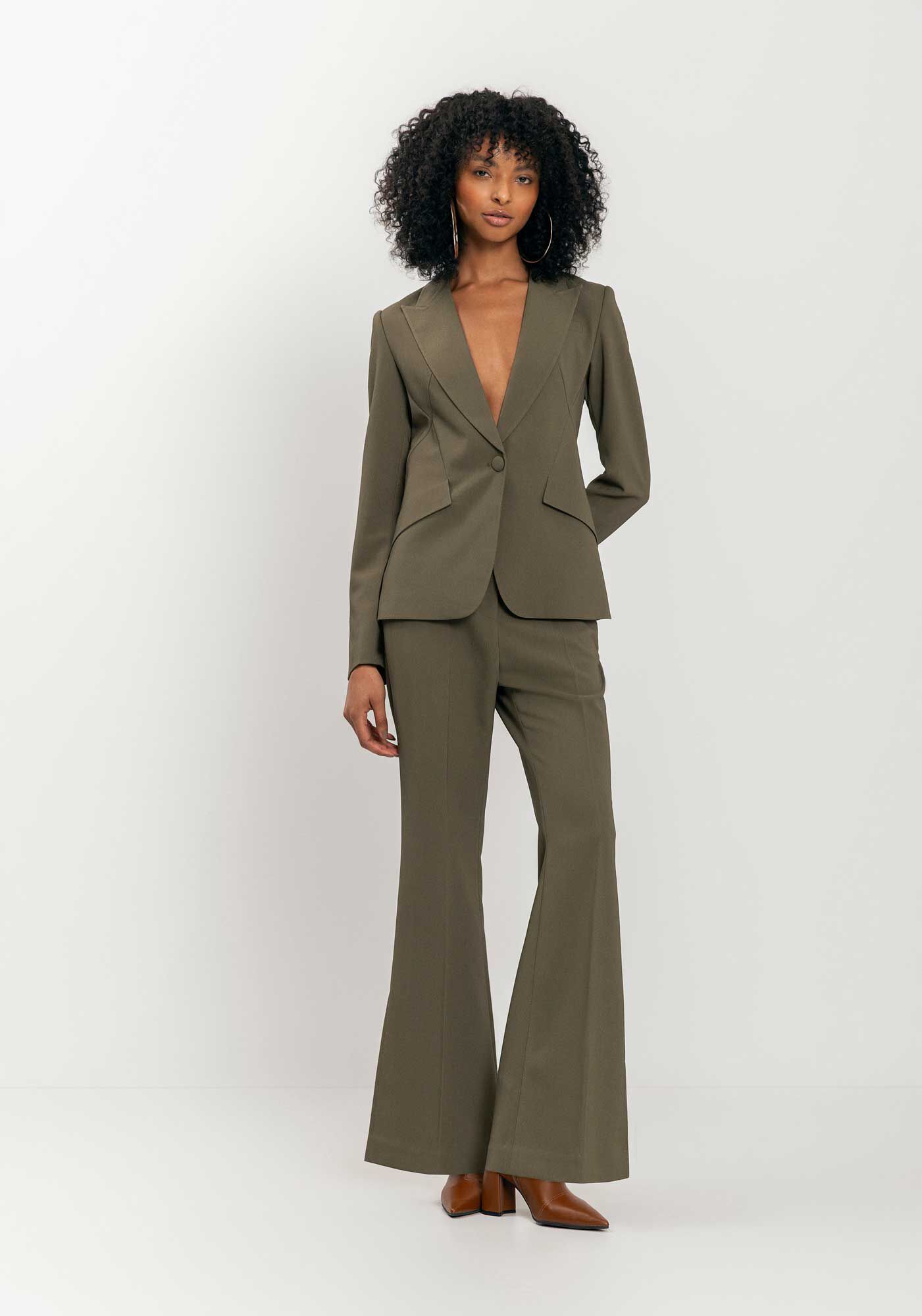 Blazer De Mangas Longas Com Lapelas E Bot&atilde;o, VERDE AZEITONA, large.