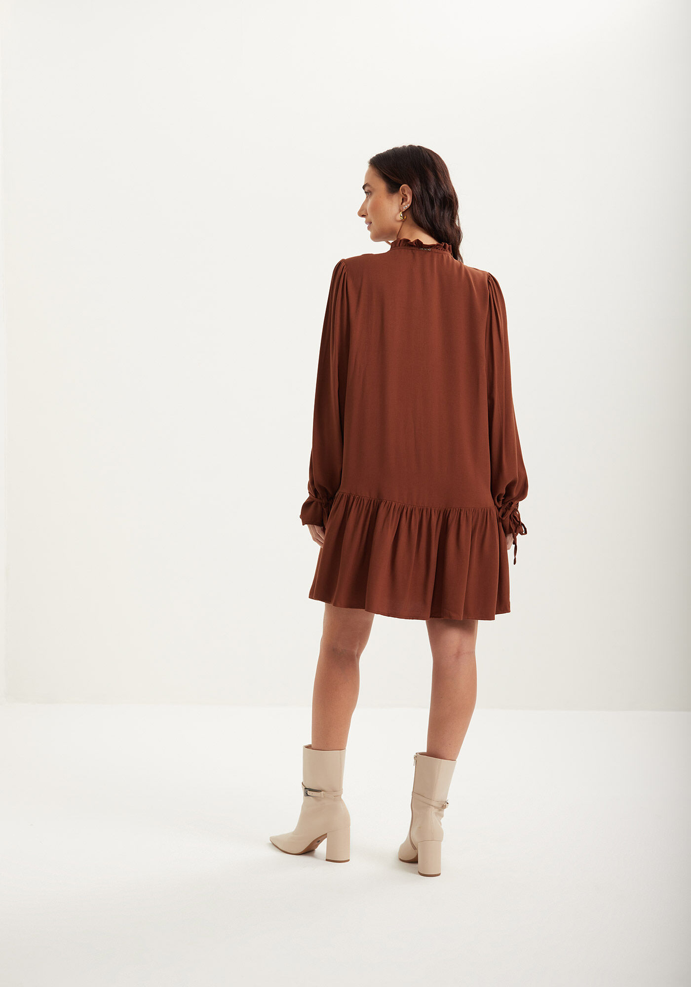 Vestido Curto De Manga Longa Com Babados E Amarra&ccedil;&otilde;es, , large.