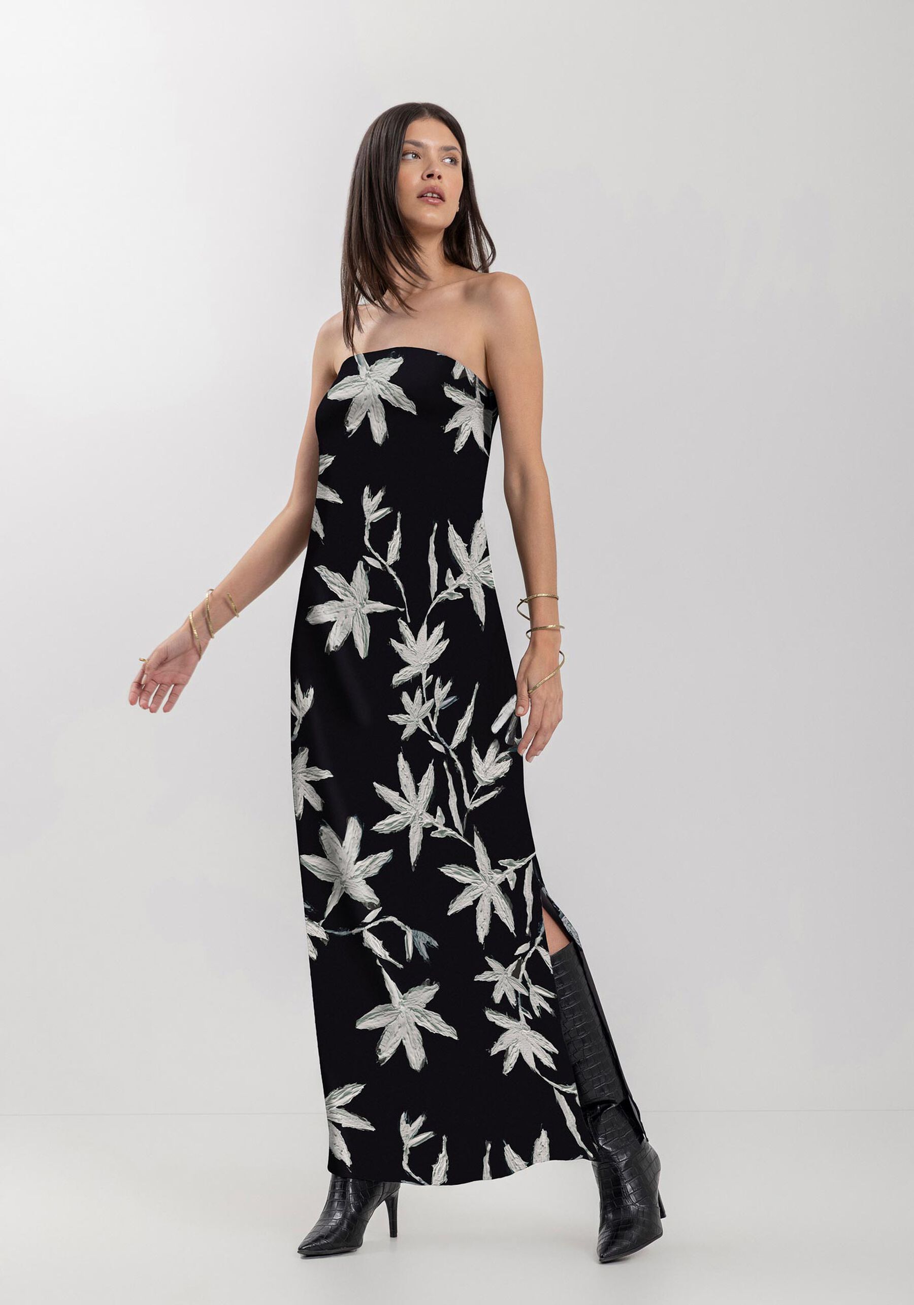 Vestido Longo Estampado Sem Alças Com Fenda Lateral, . Vestido Longo Estampado Sem Alças Com Fenda Lateral, , large.