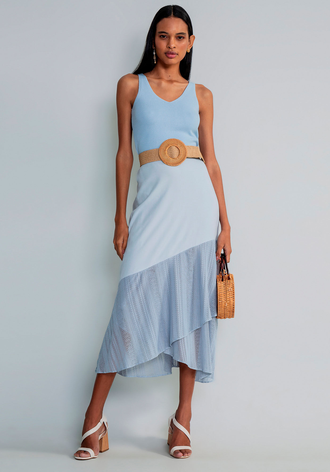 Blusa com Al&ccedil;as Decote V Tric&ocirc;, AZUL, large.