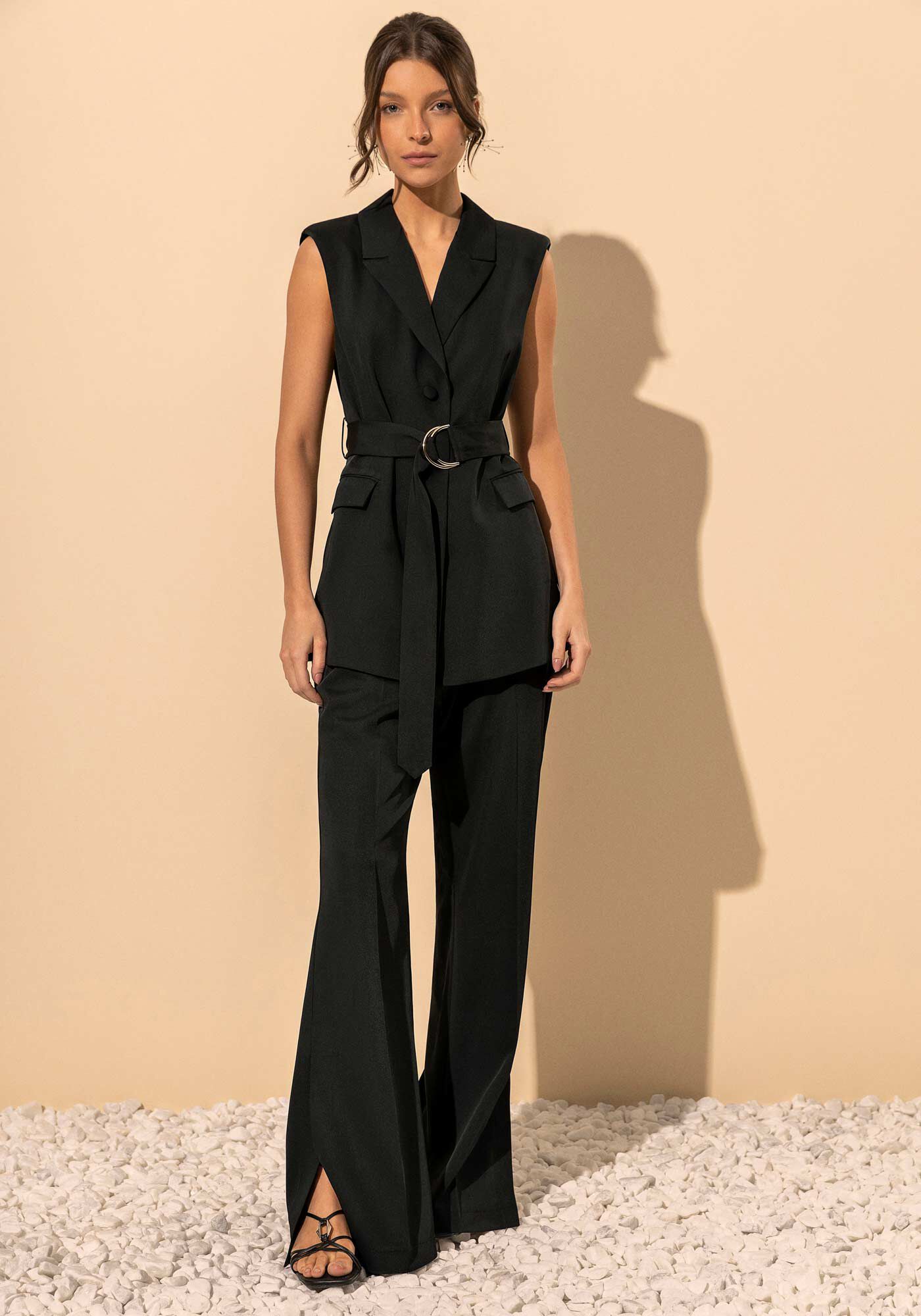 Colete Alongado Em Alfaiataria Com Lapelas E Cinto, PRETO, large.