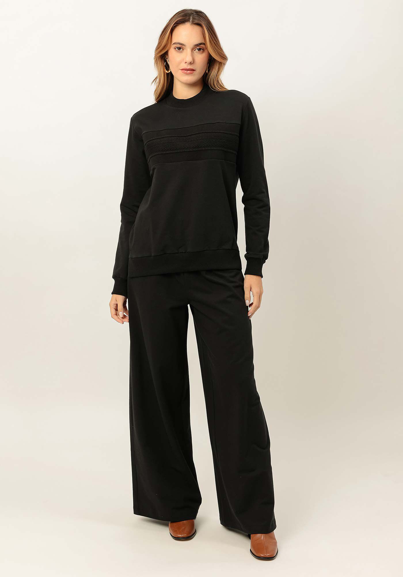 Conjunto em Molecotton com Blus&atilde;o e Cal&ccedil;a Pantalona, PRETO REATIVO, large.