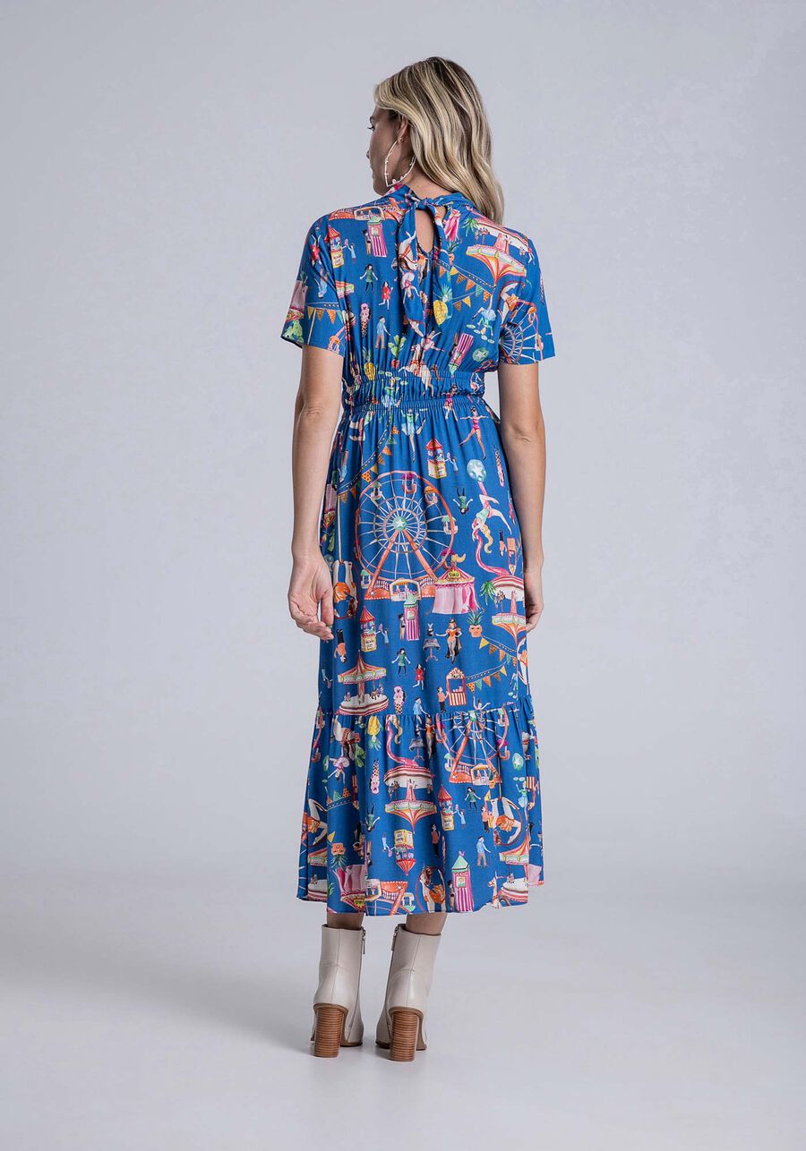Vestido Midi Estampado em Viscose com Gola Laço, . Vestido Midi Estampado em Viscose com Gola Laço, , large.