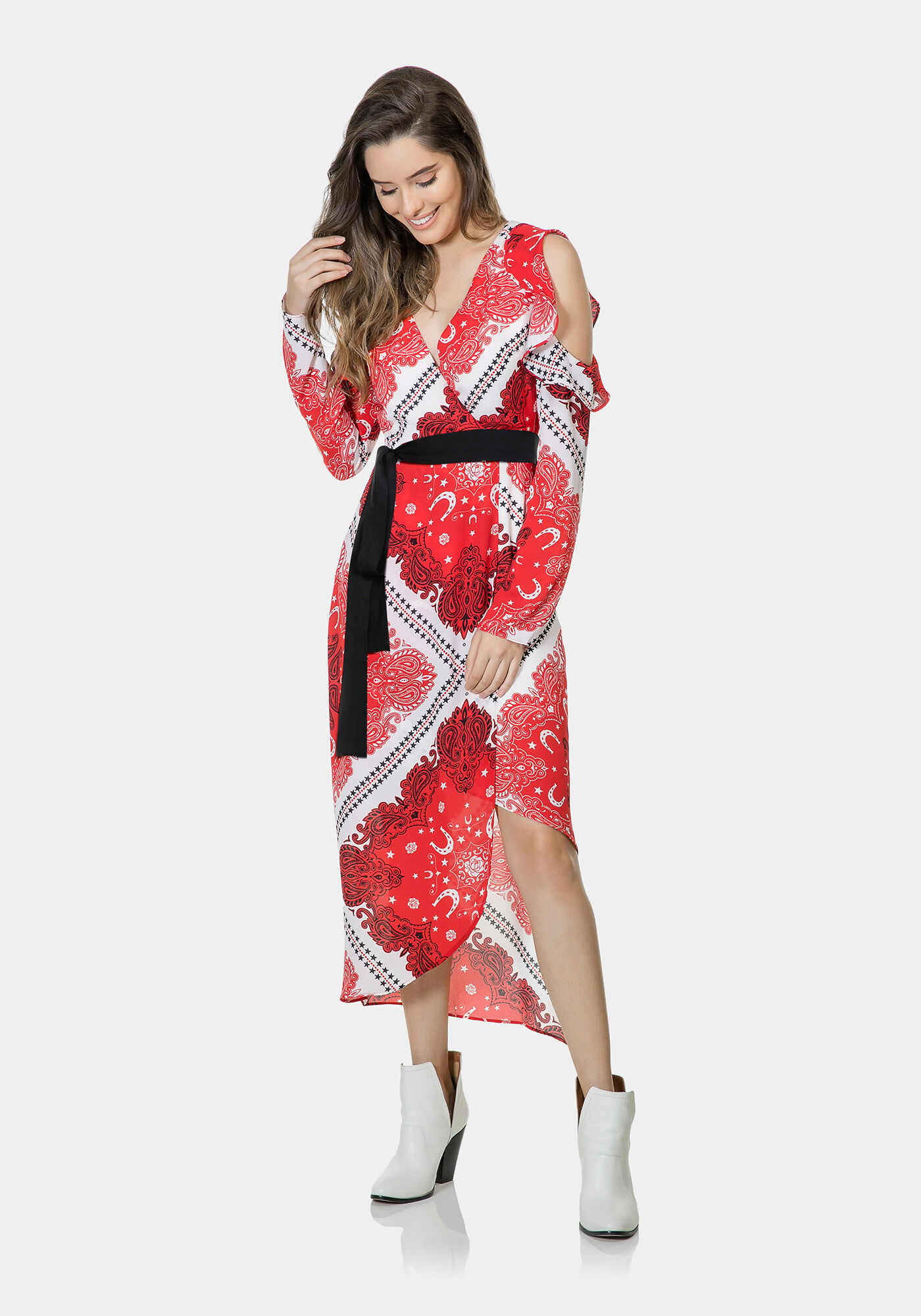 Vestido M&iacute;di Estampado Cinto Tecido, , large.