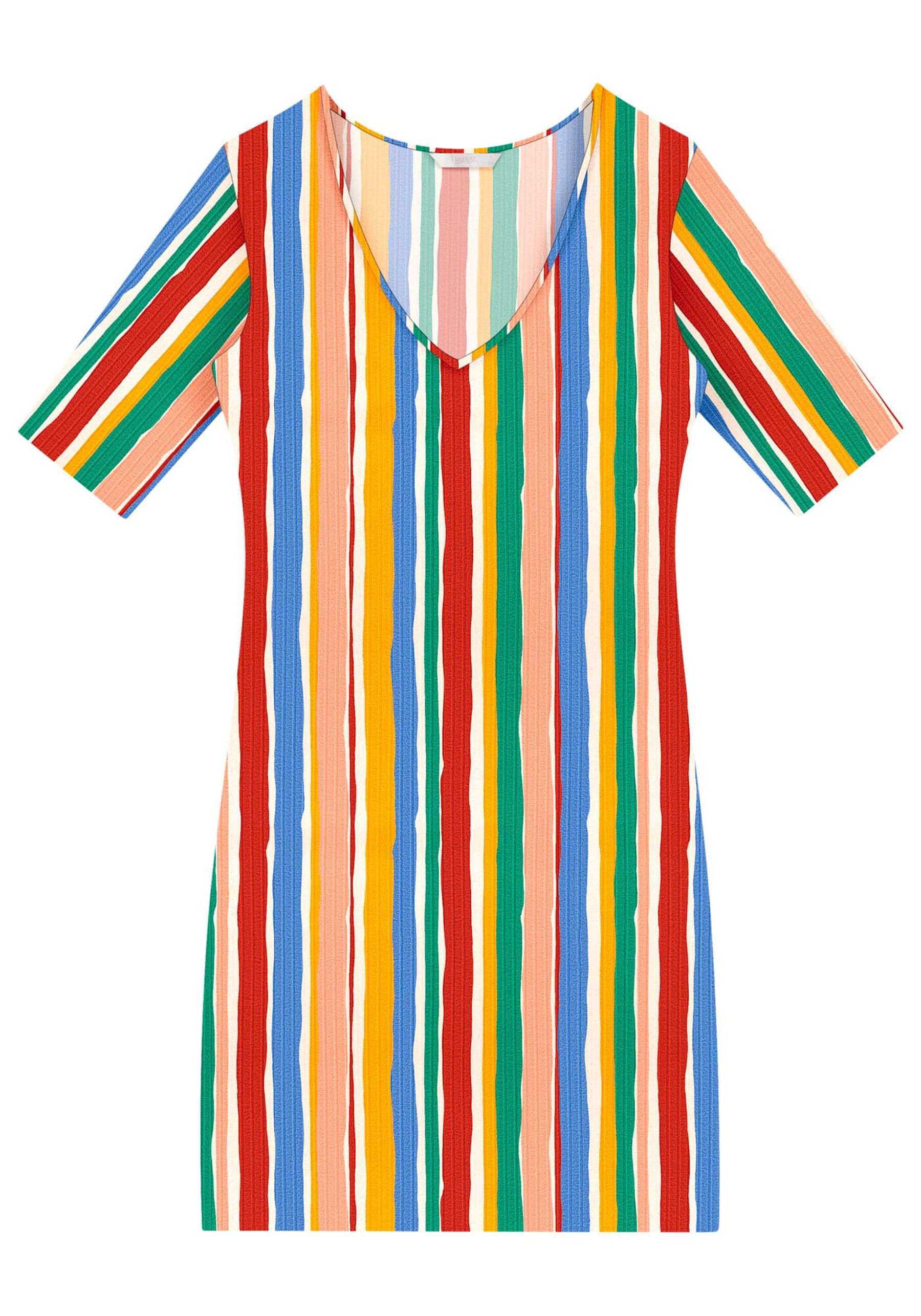 Vestido Curto Canelado com Decote V Estampado, . Vestido Curto Canelado com Decote V Estampado, , large.