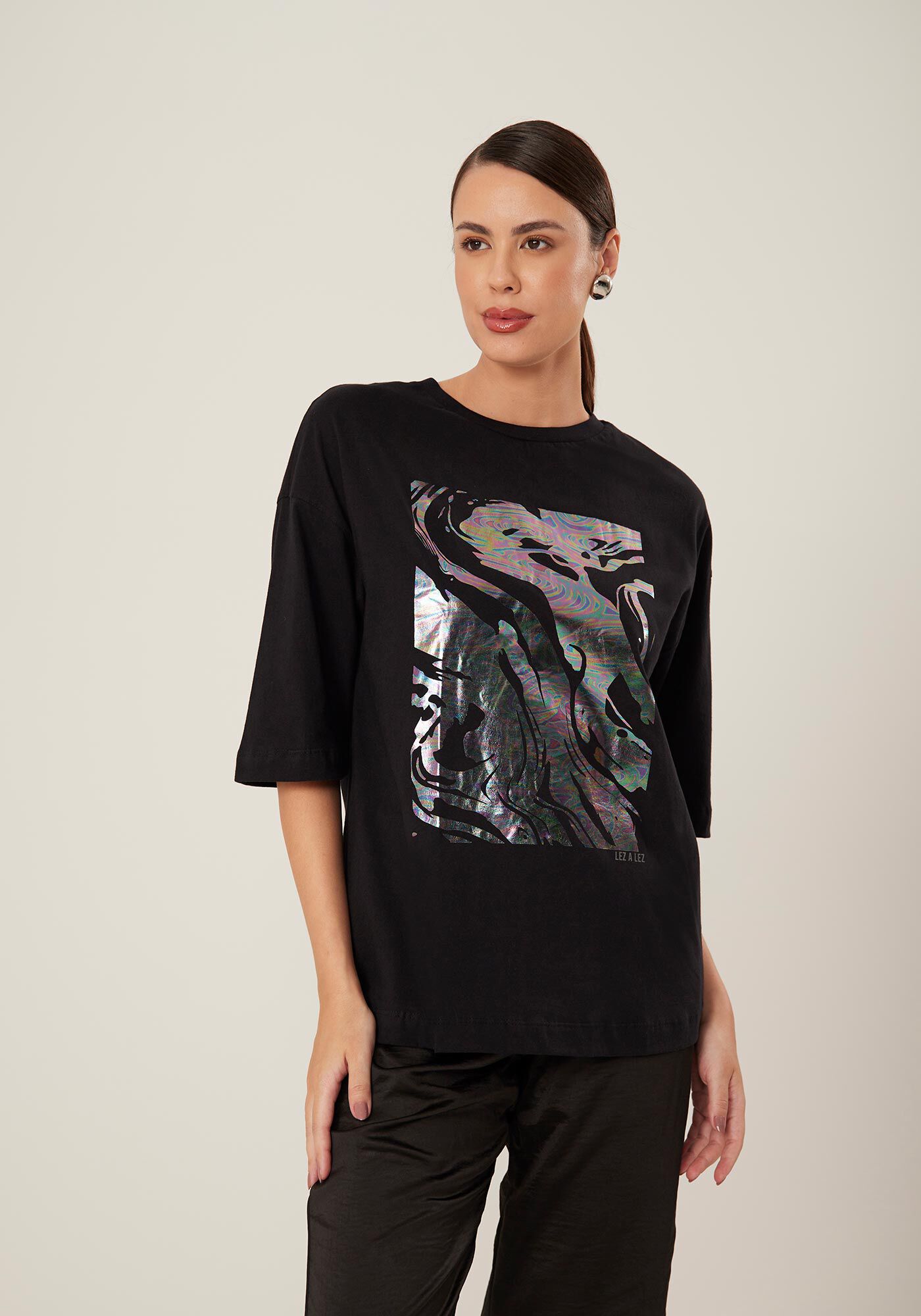 Blusa Ampla Manga Curta em Malha com Estampa Metalizada, , large.